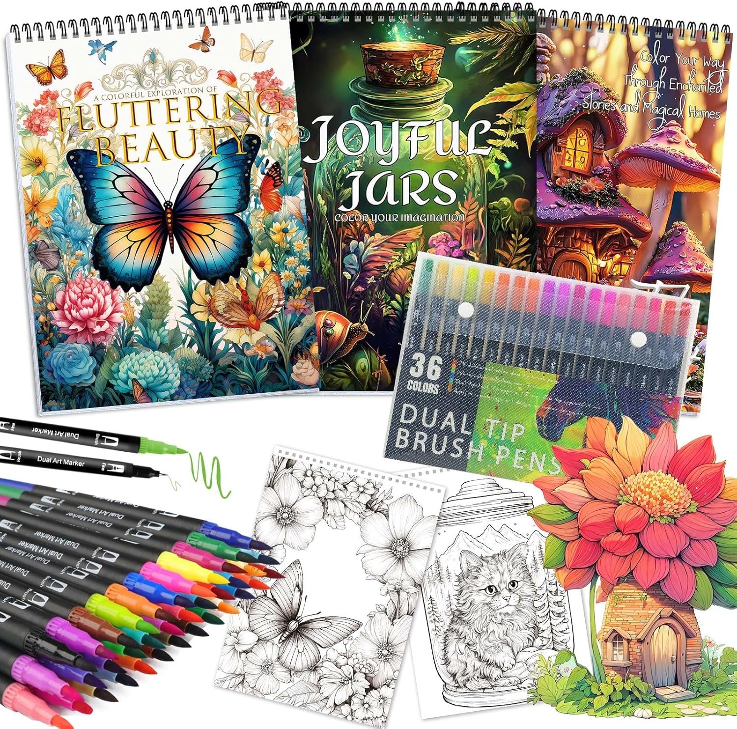 Coloring Books for Adults Relaxation, Stress Relief Coloring Book with 36 Dual Tip Markers, Spiral Coloring Book Set with 72 Patterns Include Magic & Butterfly & Jars, Arts and Crafts Gift for Women