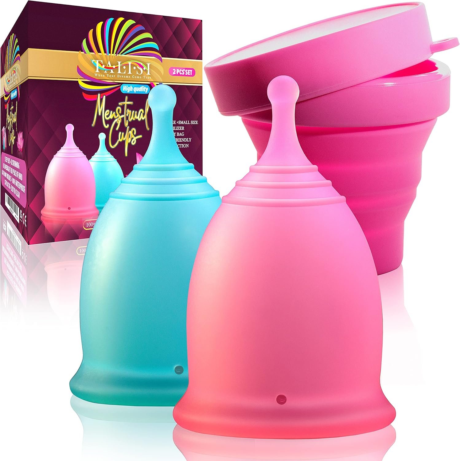 Talisi Menstrual Cups Set of 2 with Collapsible Silicone Foldable Sterilizing Cup – Tampon and Pad Alternative – Feminine Menstruation Soft Reusable Period Cup for Regular Heavy Flow with Sterilizer