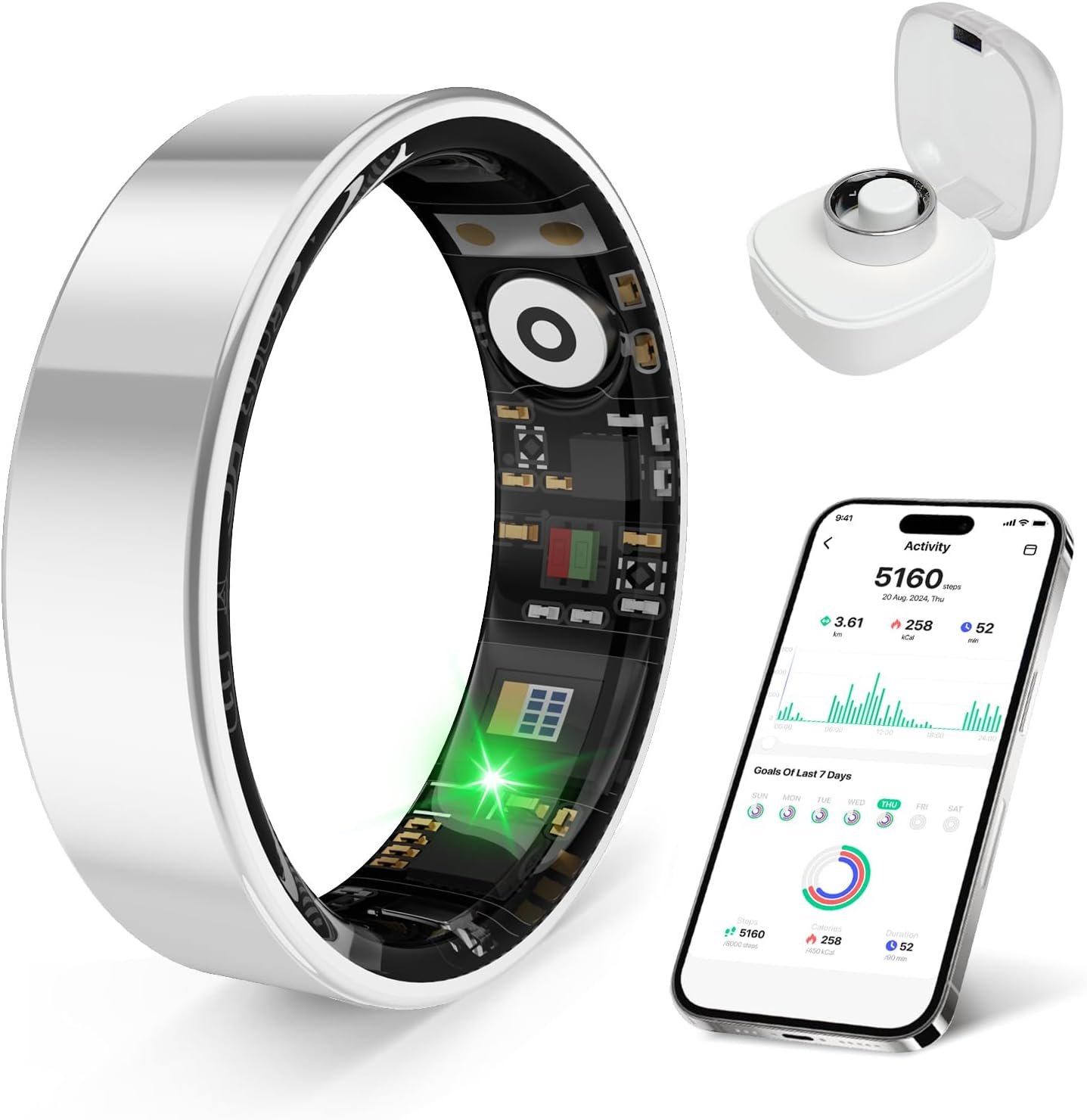 Smart Health Ring, Featuring Stress and Sleep Monitoring Functions, Compatible with iOS and Android,Waterproof Fitness Tracker for Women & Men, No Subscription Fee. (Silver, 7)
