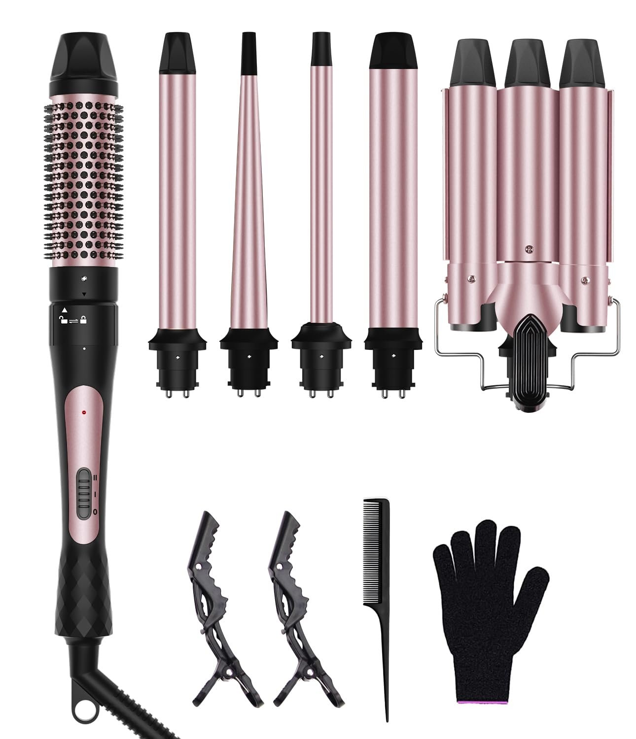 6 in 1 Wand Curling Iron Set, 3 Barrel Curling Wand Set with Thermal Brush (1.5″) and 5 Interchangeable Ceramic Hair Wand Curler (0.35″-1.25″), Home Travel Multi Curl, 2 Temp 30S Instant Heat Up