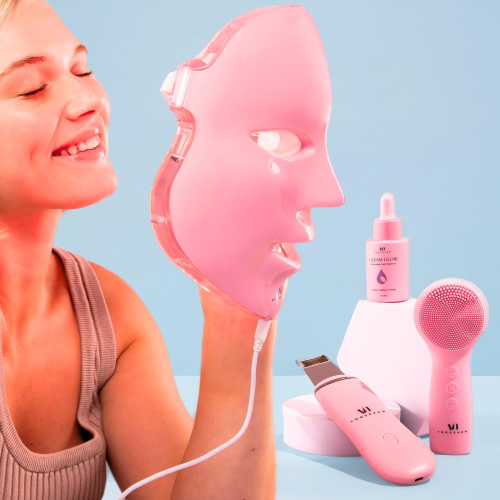 VogueNow LED Face Mask Light Therapy Premium Spa Kit (4 Pcs) – With Ultrasonic Scrubber, Ultrasonic Brush & Green Tea Serum – 7 Colors (Blue & Red) Spa Light Therapy Mask for Rejuvenation (Baby Pink)