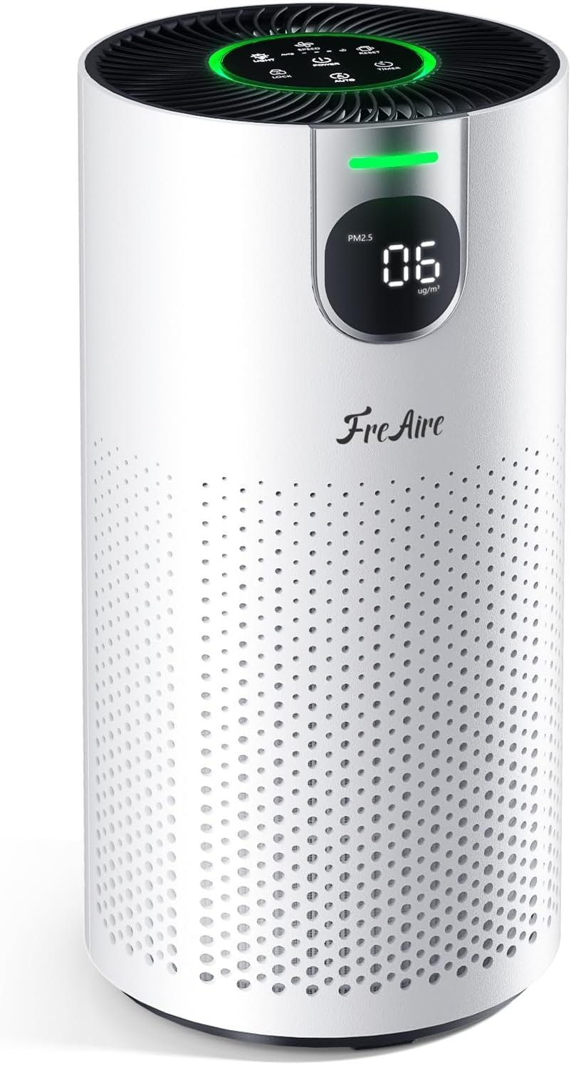 FreAire Air Purifiers for Home Large Room Covers up to 1800Ft², VisionAir 20dB Sleep Mode for Bedroom, with Real-Time AQI & PM2.5 Display,360°Intake&Outlet Air Cleaner Pet-Friendly HEPA,HAP606,White