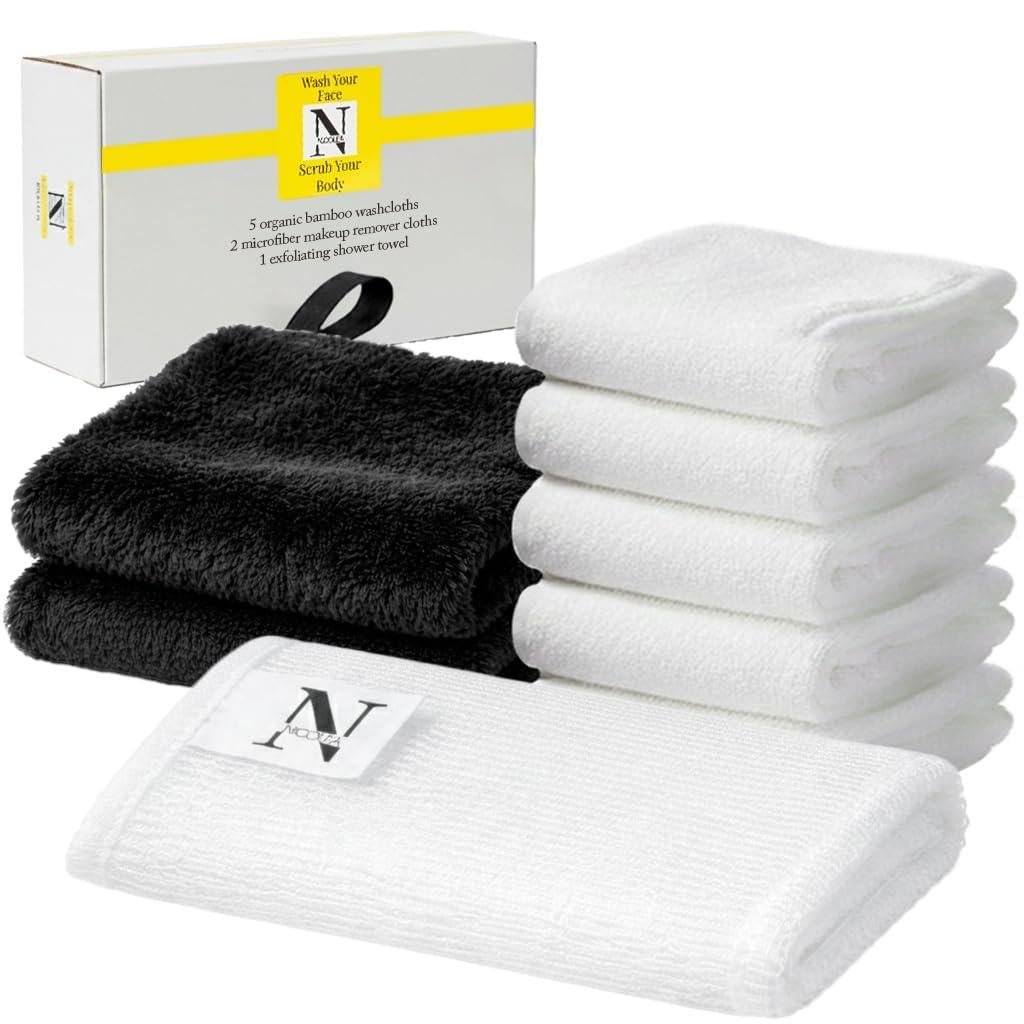 NICOLEA 100% Organic Bamboo Facial Cloths & Skincare Set – 8 Piece Luxury System: 5 Bamboo Viscose Facial Towels, 2 Microfiber Makeup Remover Cloths & 36” Exfoliating Shower Towel – Premium Skincare