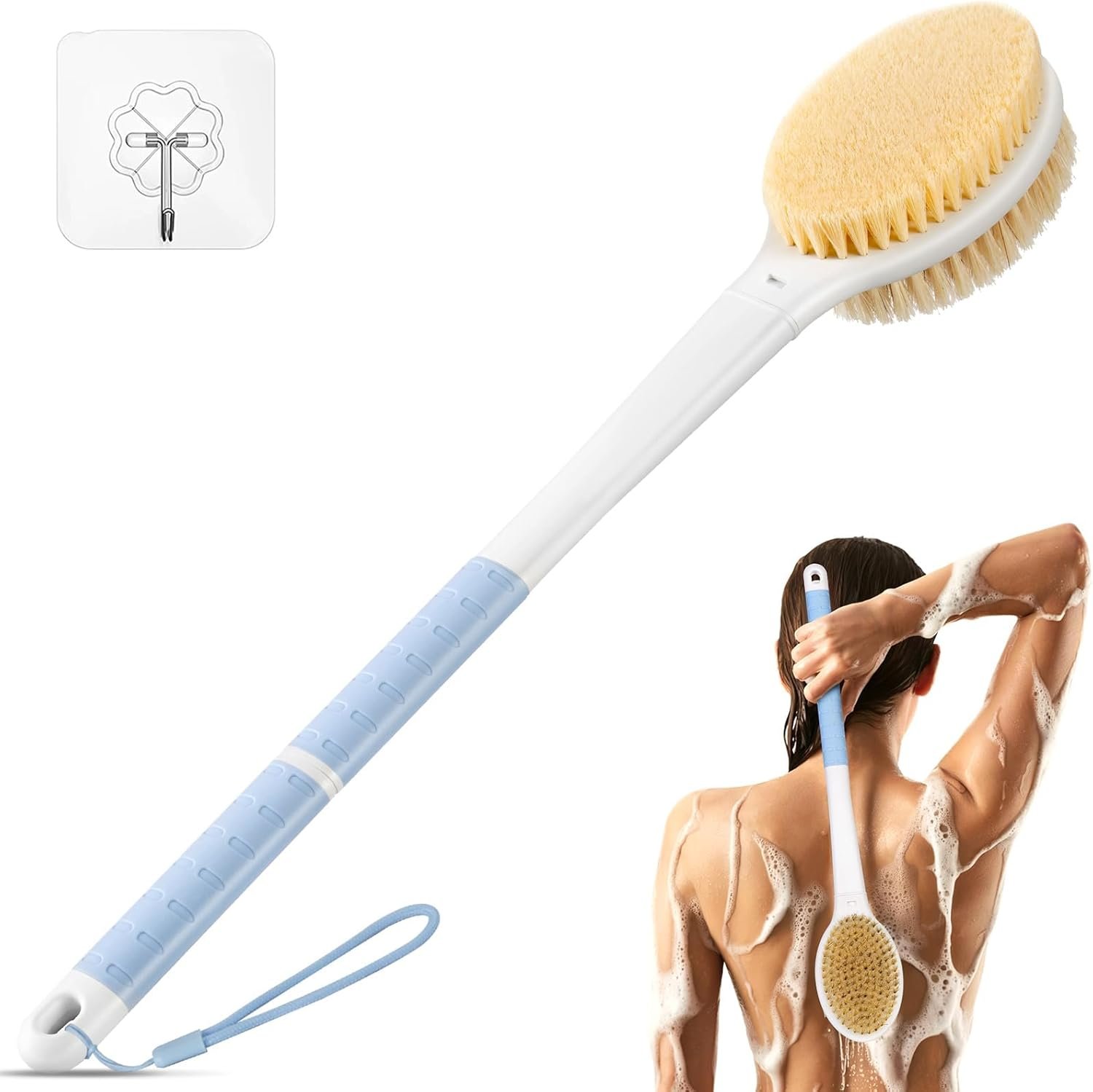 Back Scrubber Body Shower Brush: Anti Slip Long Handle Bath Brush with Stiff and Soft Bristles – Showering Exfoliator Wet or Dry Brushing for Women, Men, Elderly (Blue)