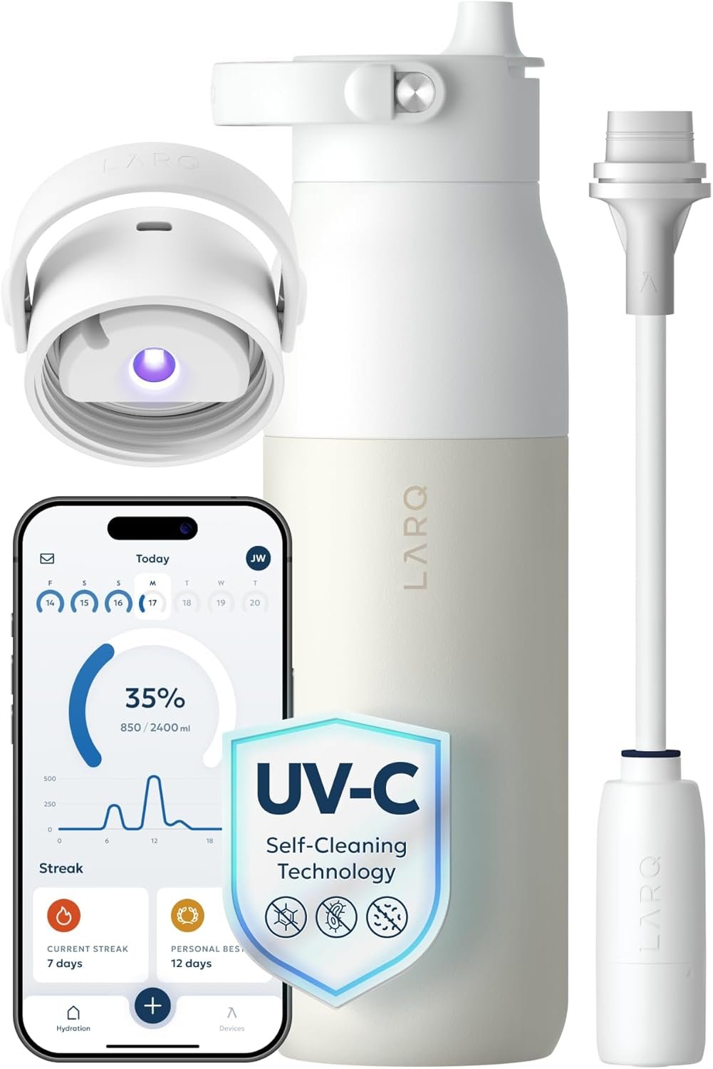 LARQ PureVis 2 Self Cleaning Water Bottle – UV Water Purifier with Filter Straw, Smart App Hydration Tracking, Insulated Stainless Steel