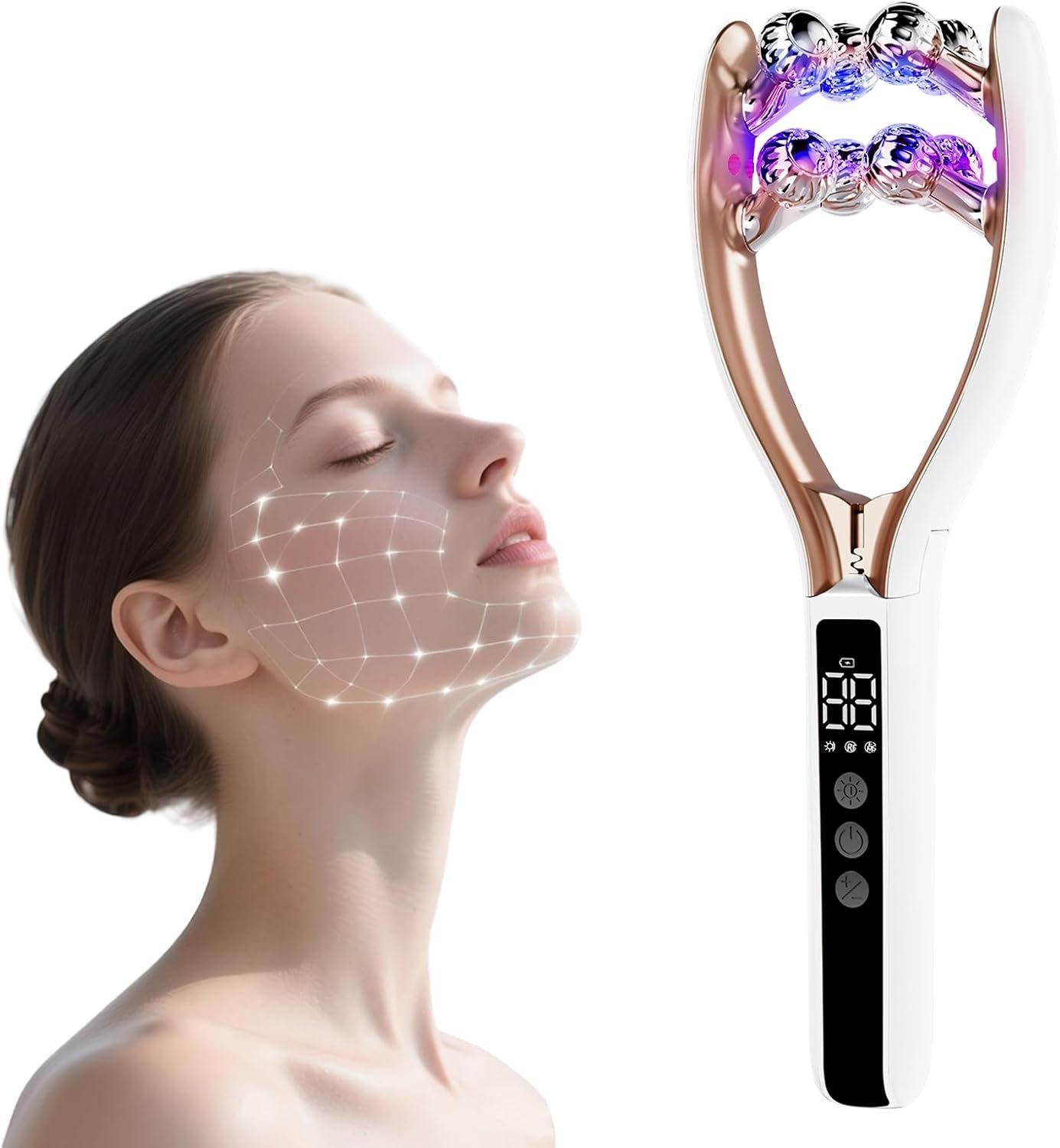 Wireless Face Massager Tool, 8-Roller 3D Face Roller for Women, LED Facial Massager with Microcurrent EMS, V-Shape Face Sculpting Tool for Jawline, 6 Light & Vibration Modes, USB-C Rechargeable