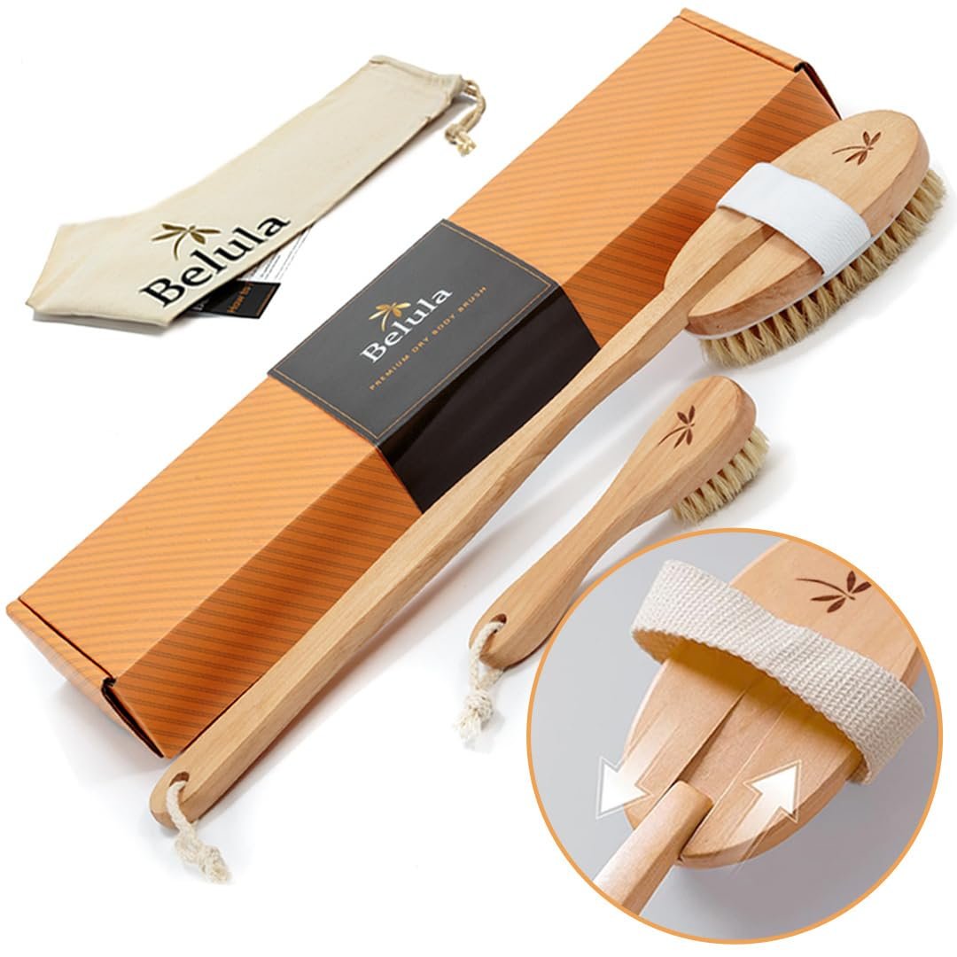 Belula Dry Brushing Body Brush Set – Natural Boar Bristle Body Brush, Exfoliating Face Brush & Bath Gloves – Ideal Dry Skin Brush for Lymphatic Drainage & Healthy Glowing Skin!
