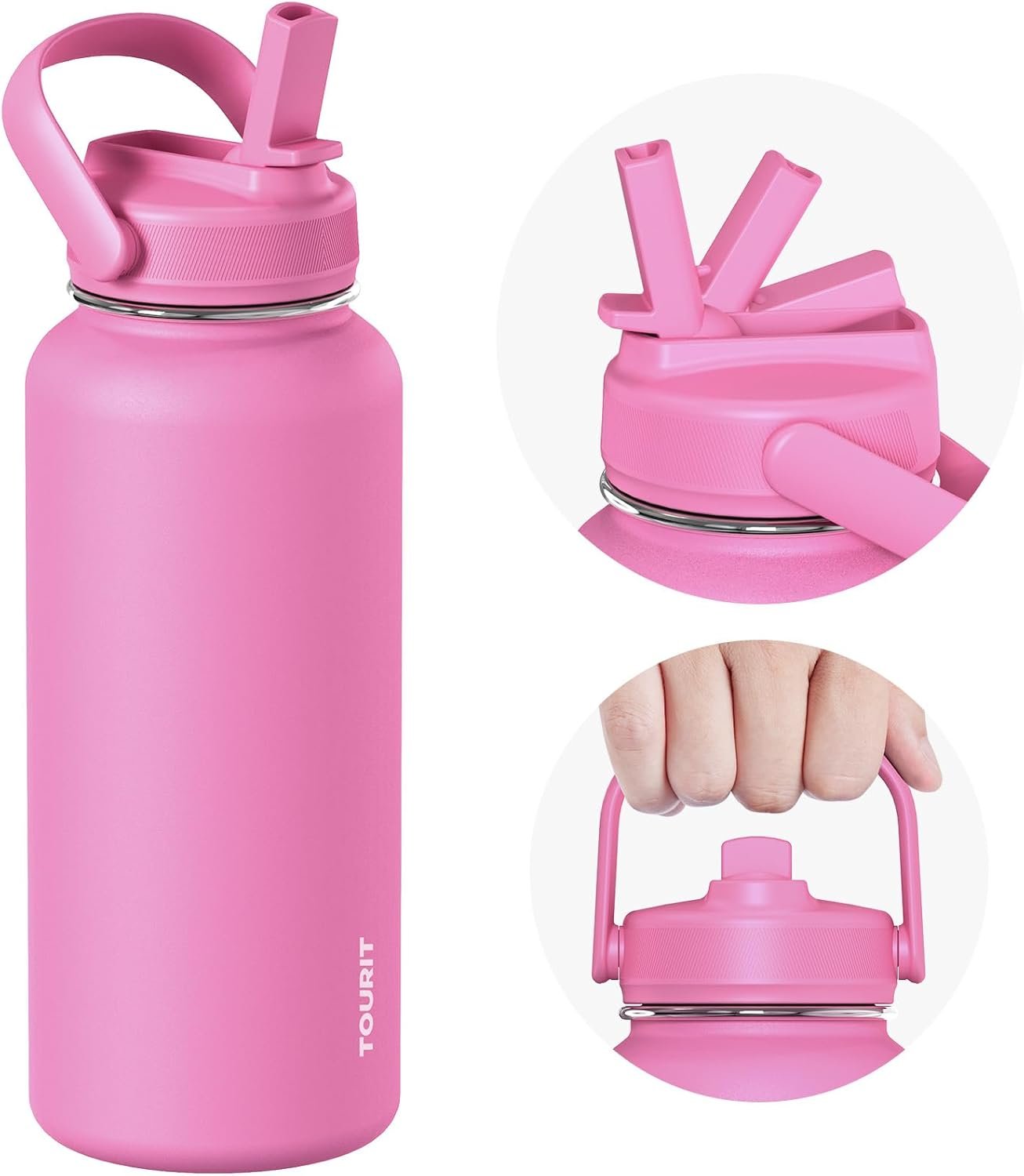 TOURIT 32 oz Insulated Water Bottle, Stainless Steel Water Bottles With Straw, Double Wall Vacuum Metal for Cold and Hot Drinks, Leak Proof BPA Free Flask for Sports and Travel, Hot Pink