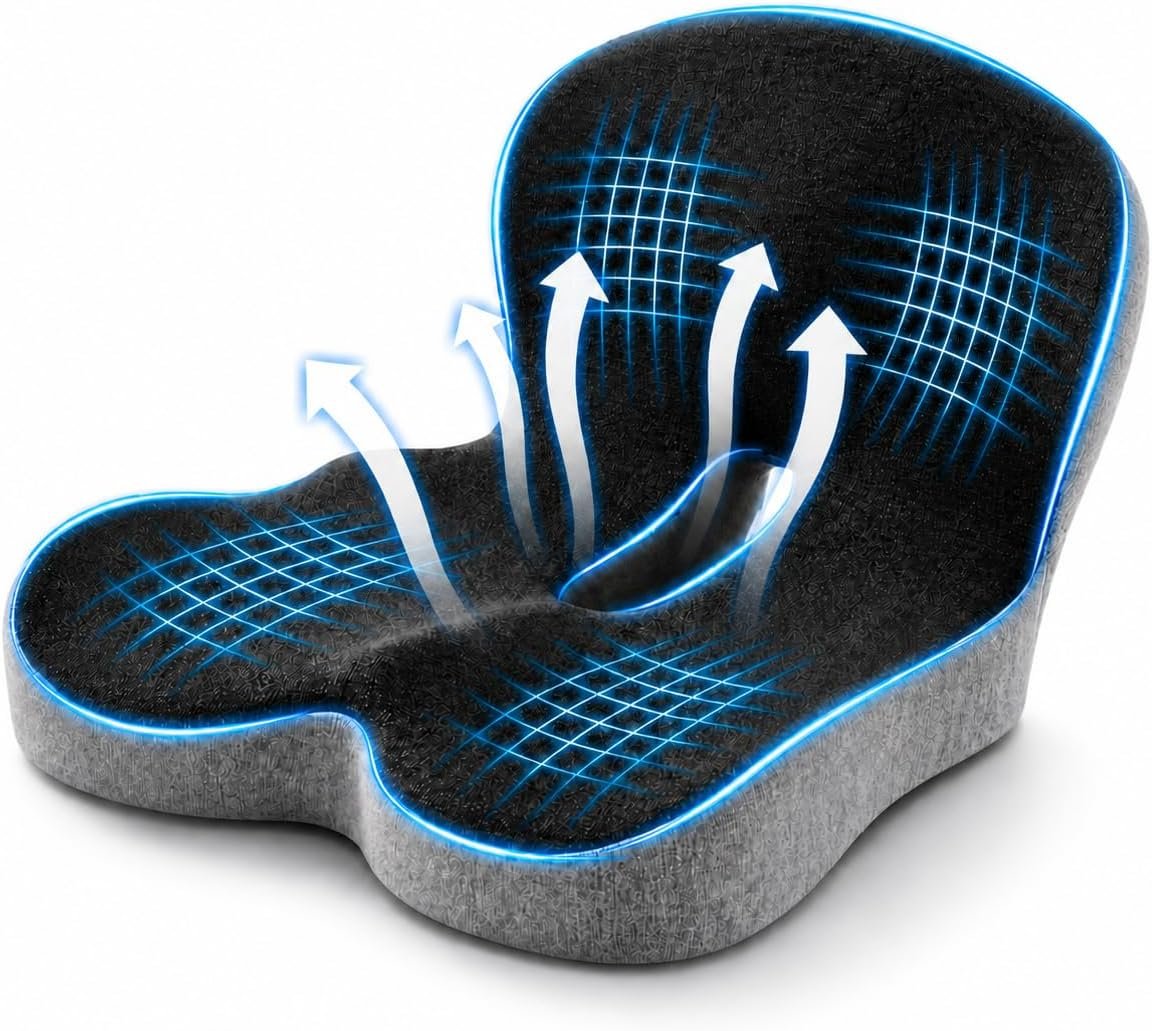 Seat Cushion Memory Foam with Ergonomic L-Shaped Extra Wide Support for Lower Back Relief, Comfort Cushion for Office Chair, Car Seat & Gaming Seat, Helps Sciatica Pain, Posture Improvement (Gray)