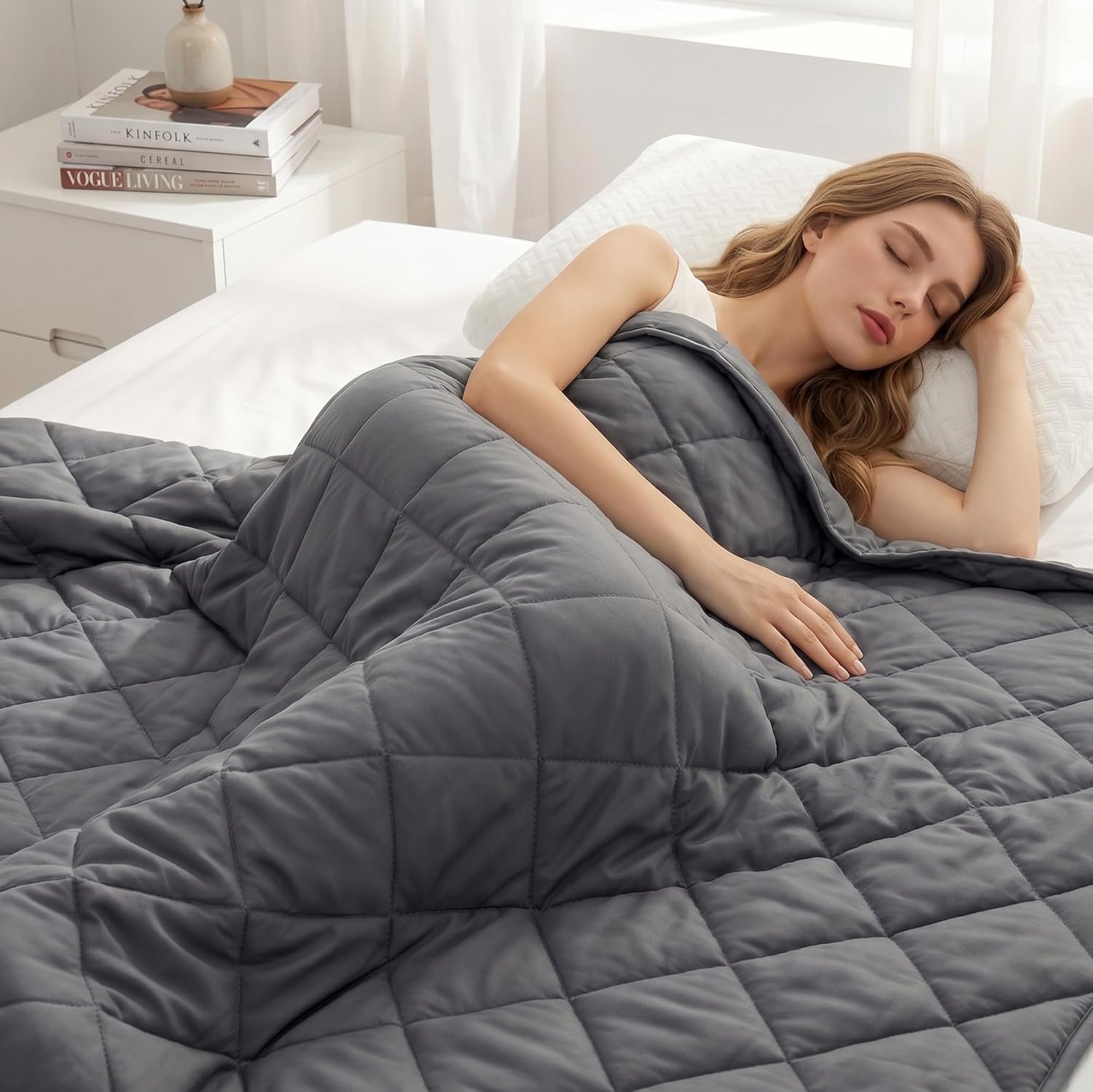 Weighted Blanket for Adults (15 lbs 60″ x 80″) Queen Size Cooling Heavy Blanket for Sleep, Soft Thick Breathable Cotton with Natural Glass Beads, Washable, All-Season