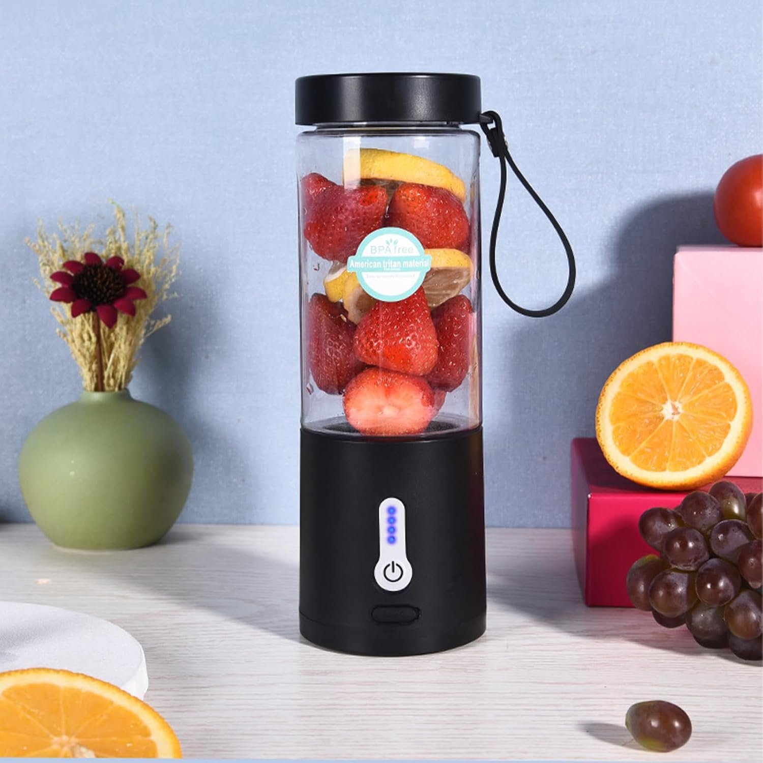 Portable Juicer Smoothie Blender USB Rechargeable Food Processor Fruit Mixer Machine Mini Juicer Blender Cup 530ML [Black]