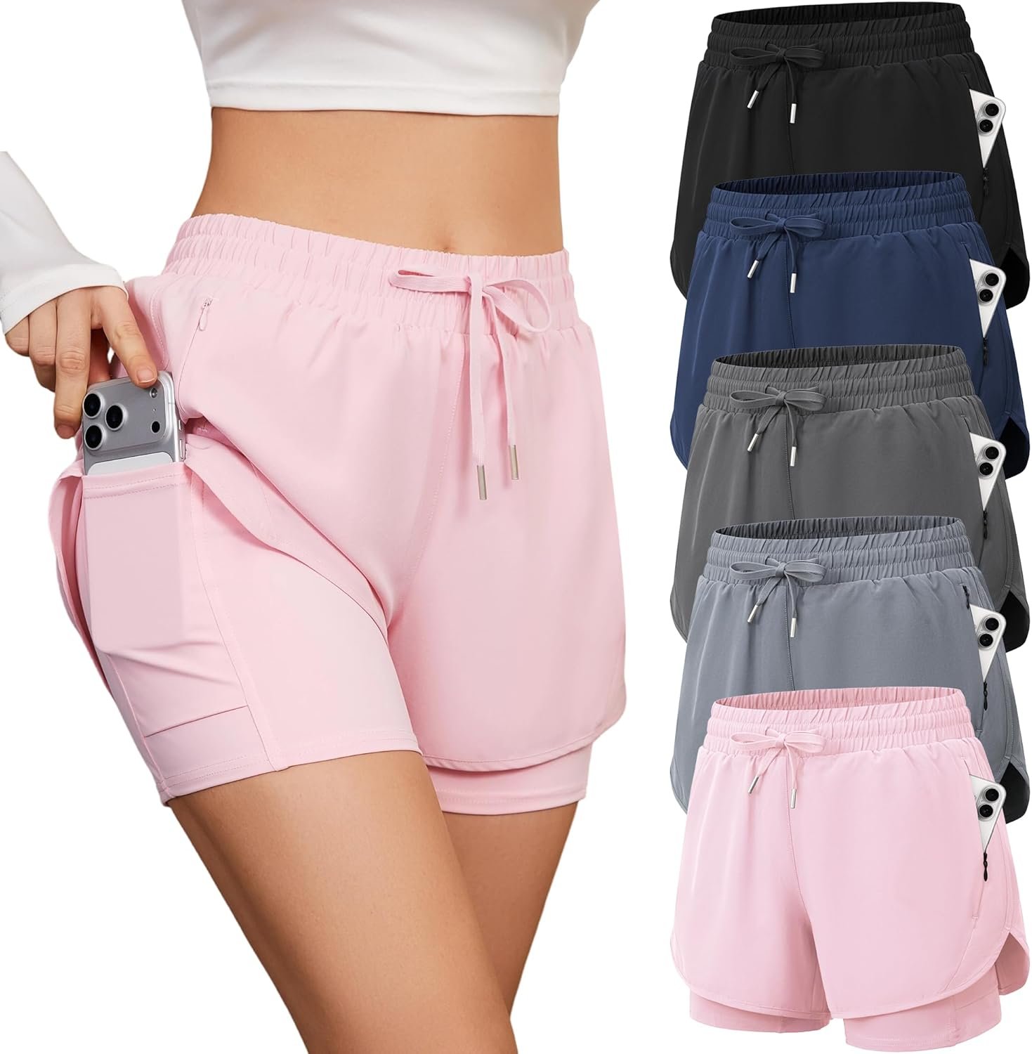 CE’ CERDR 5 Pack Women’s 2 in 1 Running Shorts High Waisted Athletic Workout Short for Gym Yoga with Liner 4 Pockets