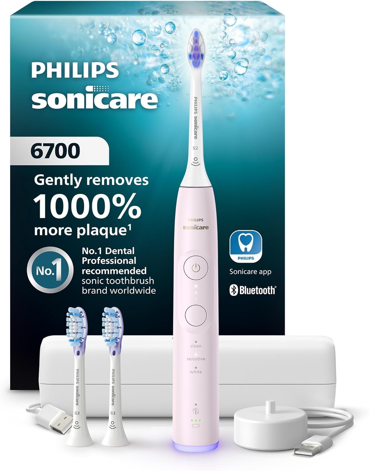 Philips Sonicare 6700 Series Electric Toothbrush, Pressure Sensor, 9 Brushing Settings, SmarTimer, BrushPacer, 21-Day Runtime, Travel Case, for Gum Health & Sensitive Teeth, Light Pink, HX7412/04