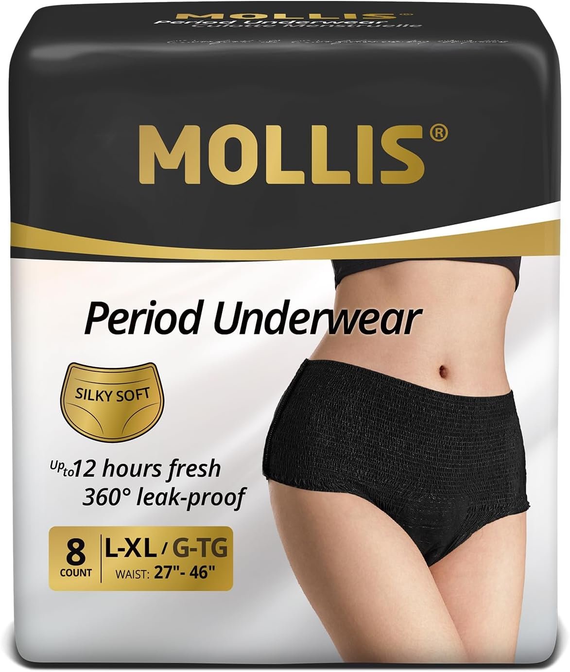 MOLLIS Disposable Period Underwear for Women, Postpartum Panties, Maternity Knickers Heavy Flow Leak Proof, Black, Large/X-Large, 8 Count