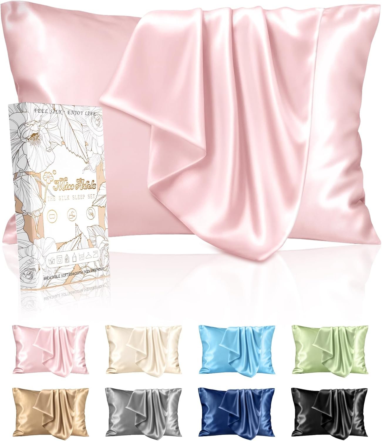 Miss Adola Silk Pillowcase 2 Pack – Pillow Cases Standard Set of 2 Size 20″ x 26″ for Hair and Skin Smooth Soft Breathable with Hidden Zipper Cooling Pillow Covers for Sleeping Women, Coral