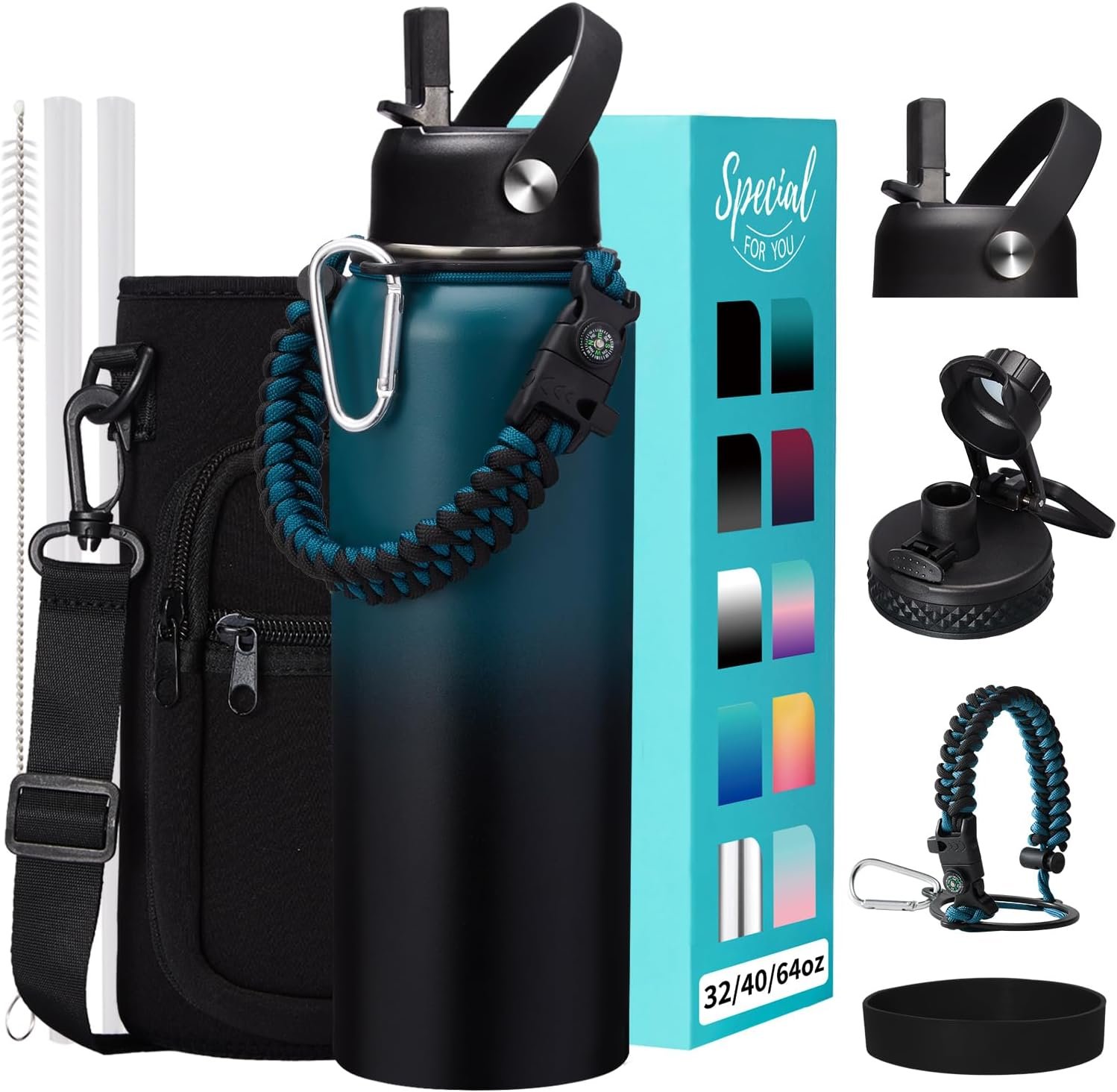 32/40/64OZ Insulated Water Bottle – Keep Cold 48H Hot 24H, Combo Straw/Spout Lids, Paracord Handle for Gym/Hiking, Carrier Bag +Strap, Cup Mat, BPA-Free Stainless Steel Flask Jug