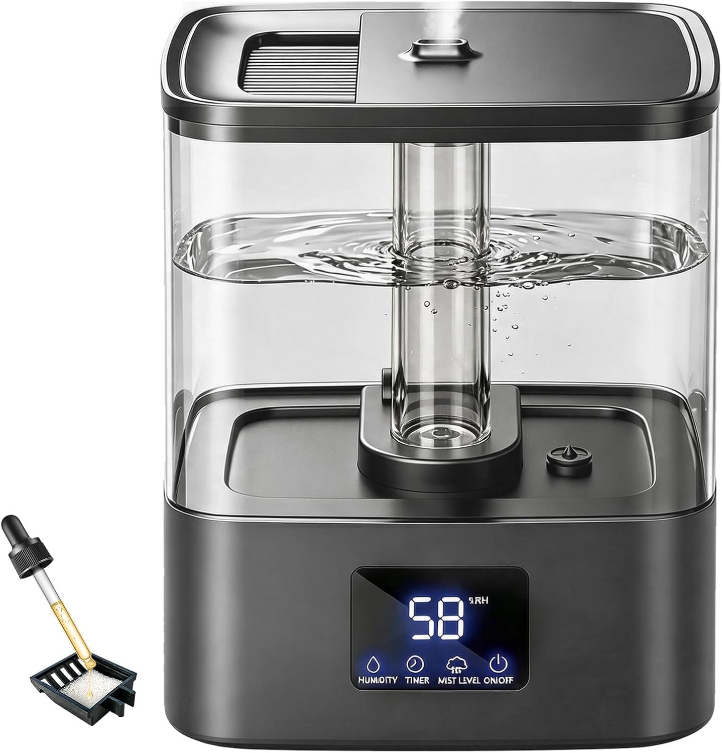 KZF 4L Top Fill Humidifiers for Bedroom & 40H Runtime – Cool Mist Humidifier, 3 Mist Levels, 8H Timer, Essential Oil Tray, Humidity Display, Quiet for Bedroom, Baby, Plants, Large Room (Black, 4L)
