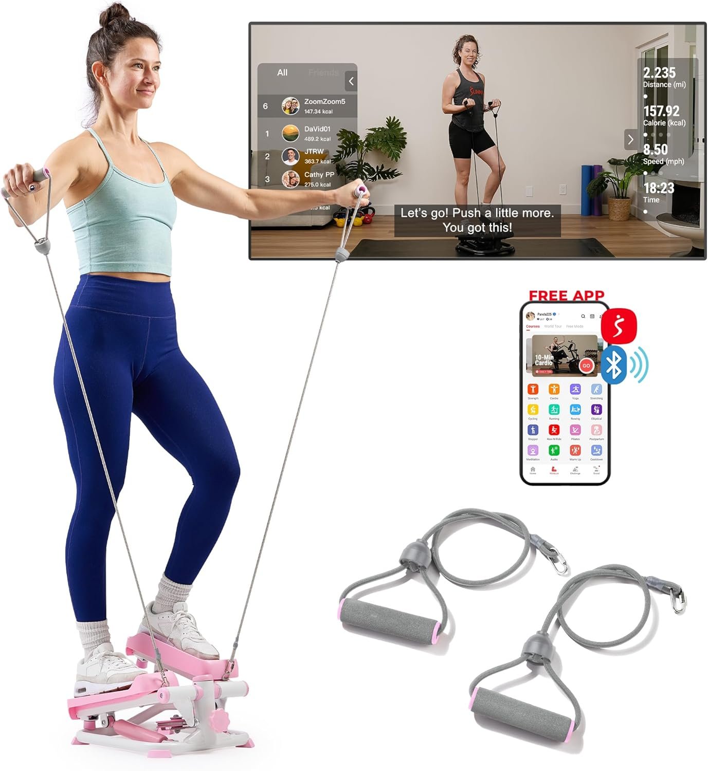 Sunny Health & Fitness Mini Steppers for Exercise at Home, Stair Step Workout Machine with Resistance Bands, Full Body Cardio Equipment, Optional Free SunnyFit App Connection Smart Stepper