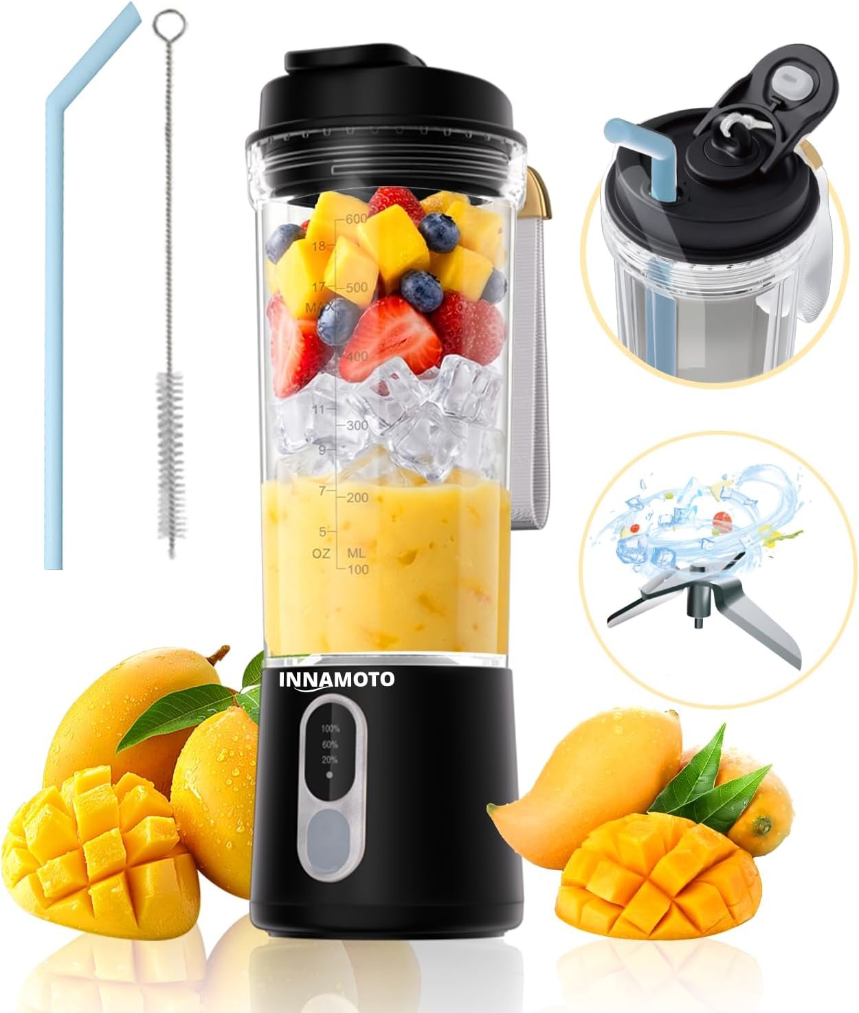 Portable Personal Size Mini Blender – 20oz Cordless Smoothies Blender Type-C Rechargeable, BPA-Free Juice Cup, Freshly Squeezed in Outside/Office/Gym
