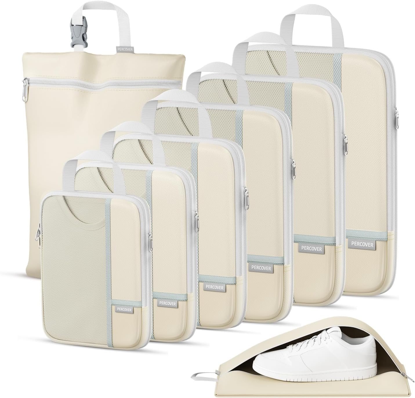Percover Compression Packing Cubes for Travel, 8-Piece Structured Compression Organizer Set with Laundry Bag & Shoe Bag for Carry-On & Checked Luggage, Beige