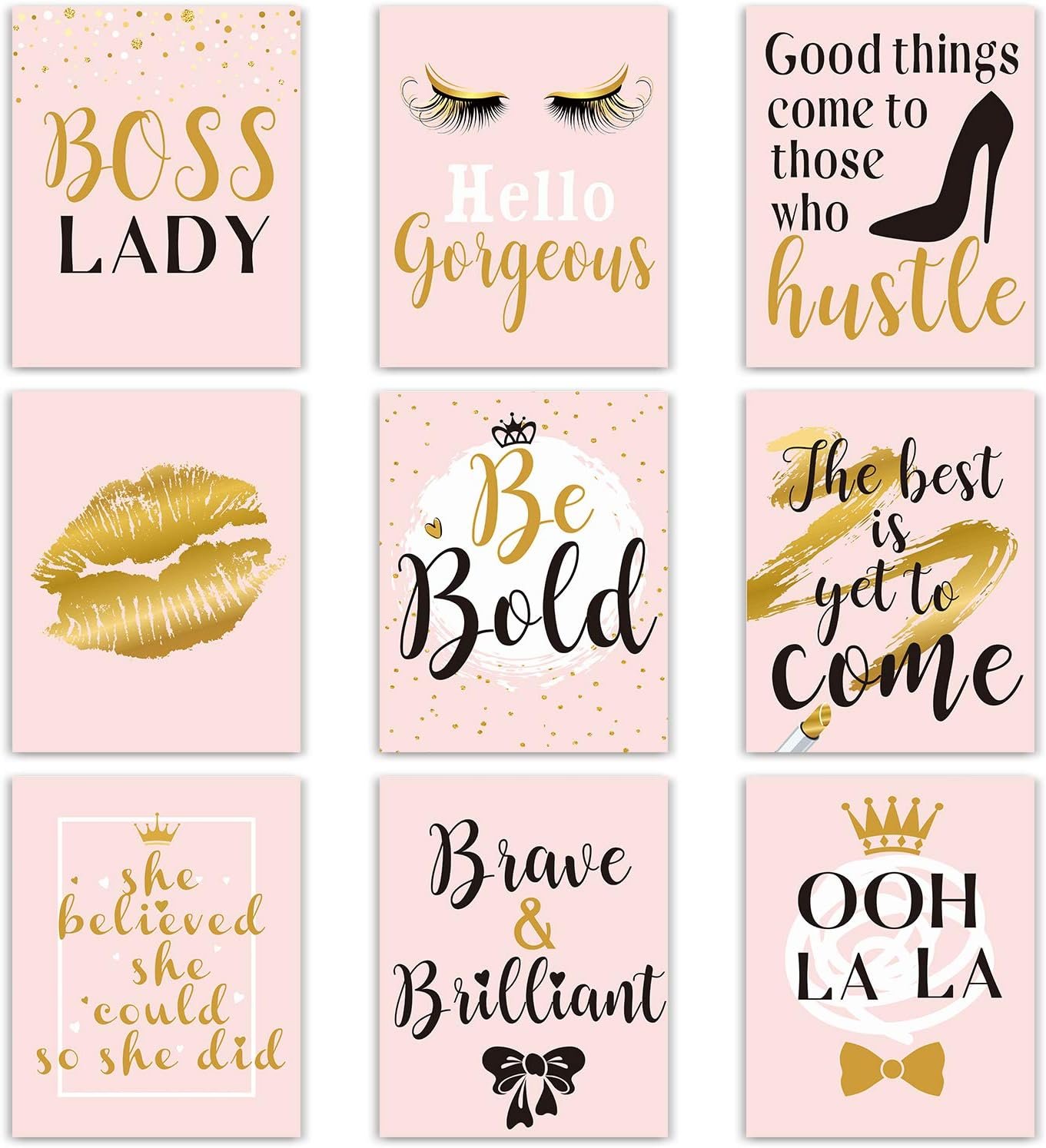 Outus 9 Pcs Inspiration Wall Decor for Women, Pink and Gold Makeup Lash Lips Wall Art Poster, Motivational Quotes Fashion Prints for Women Bathroom Bedroom Home Decor, 8 x 10 Inch, Unframed