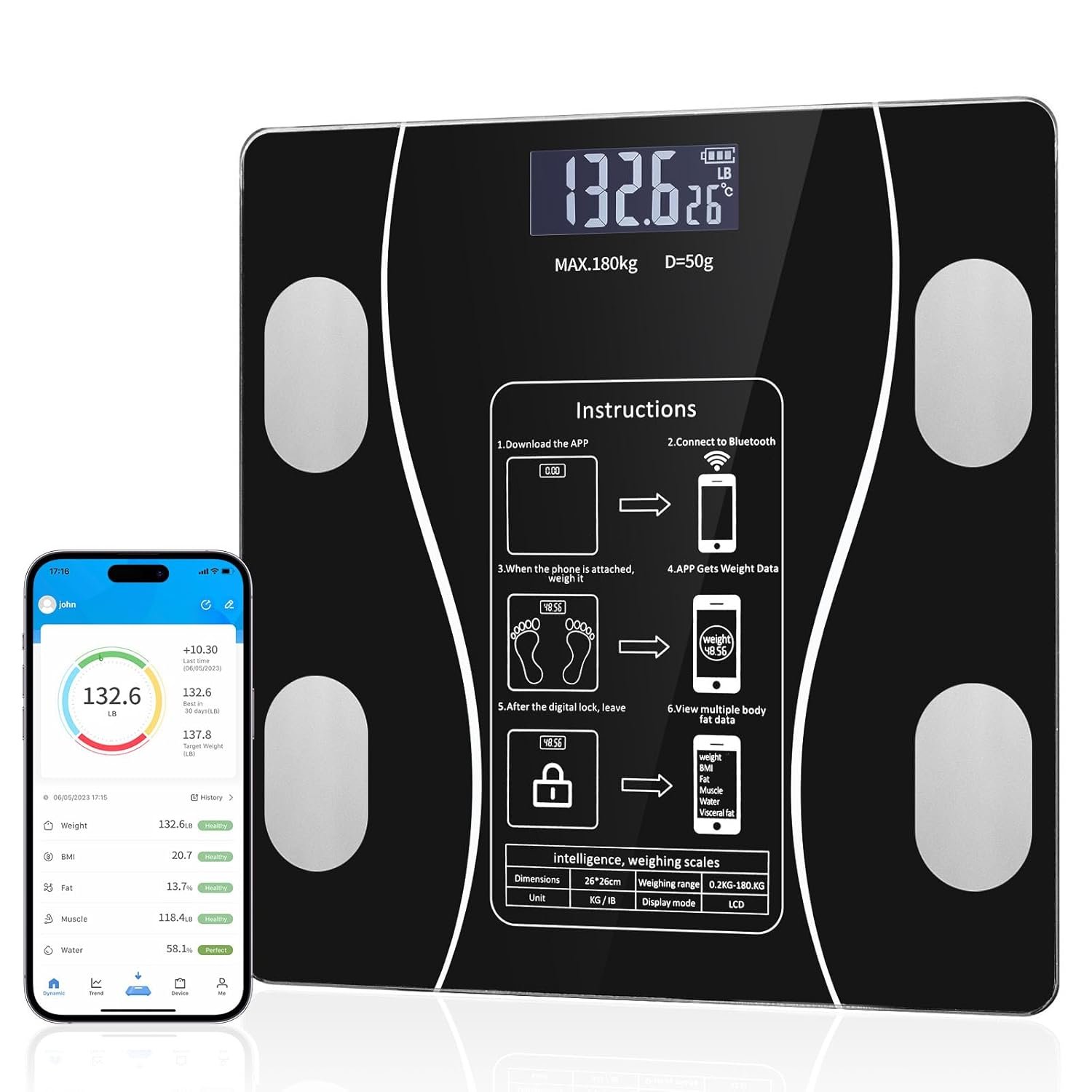 Bluetooth Smart Scale for Body Weight – Measures Weight, BMI, Body Fat, Muscle Mass | Bluetooth Sync to Fitness Apps | Accurate Home Health Monitor