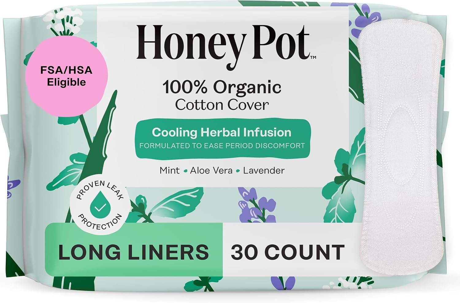 The Honey Pot Company – Herbal Long Panty Liners for Women – Infused w/Essential Oils for Cooling Effect & Organic Cotton Cover – Feminine Care – 30 ct