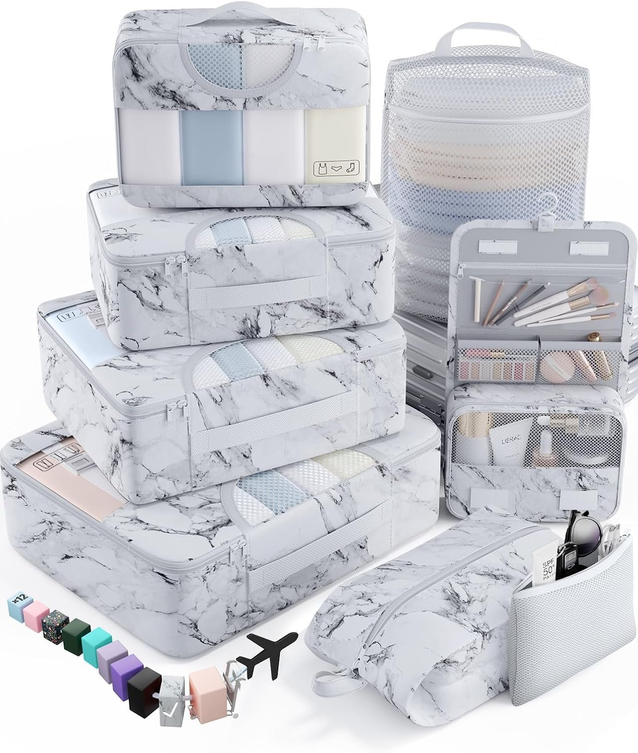 Veken 8 Set Packing Cubes for Travel Essentials,Anti-Wrinkle Buckled Suitcase Organizer for Shoe & Toiletry Bag,Carry On Luggage Bag for Airplane & College Dorm Room Accessories,Women Men Gifts