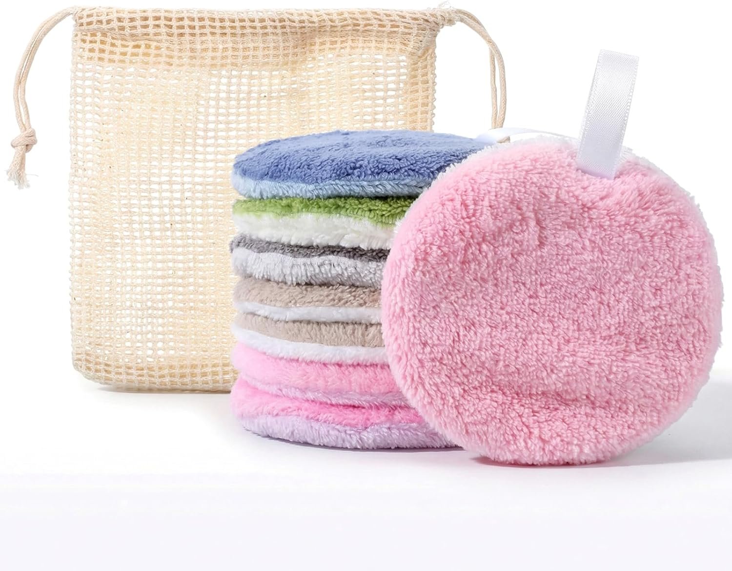 8 Pcs Reusable Makeup Remover Pads, Soft Coral Fleece Round Cotton Pad Washable Face Pads with Mesh Storage Bag for Women Eye Shadow Facial Skincare