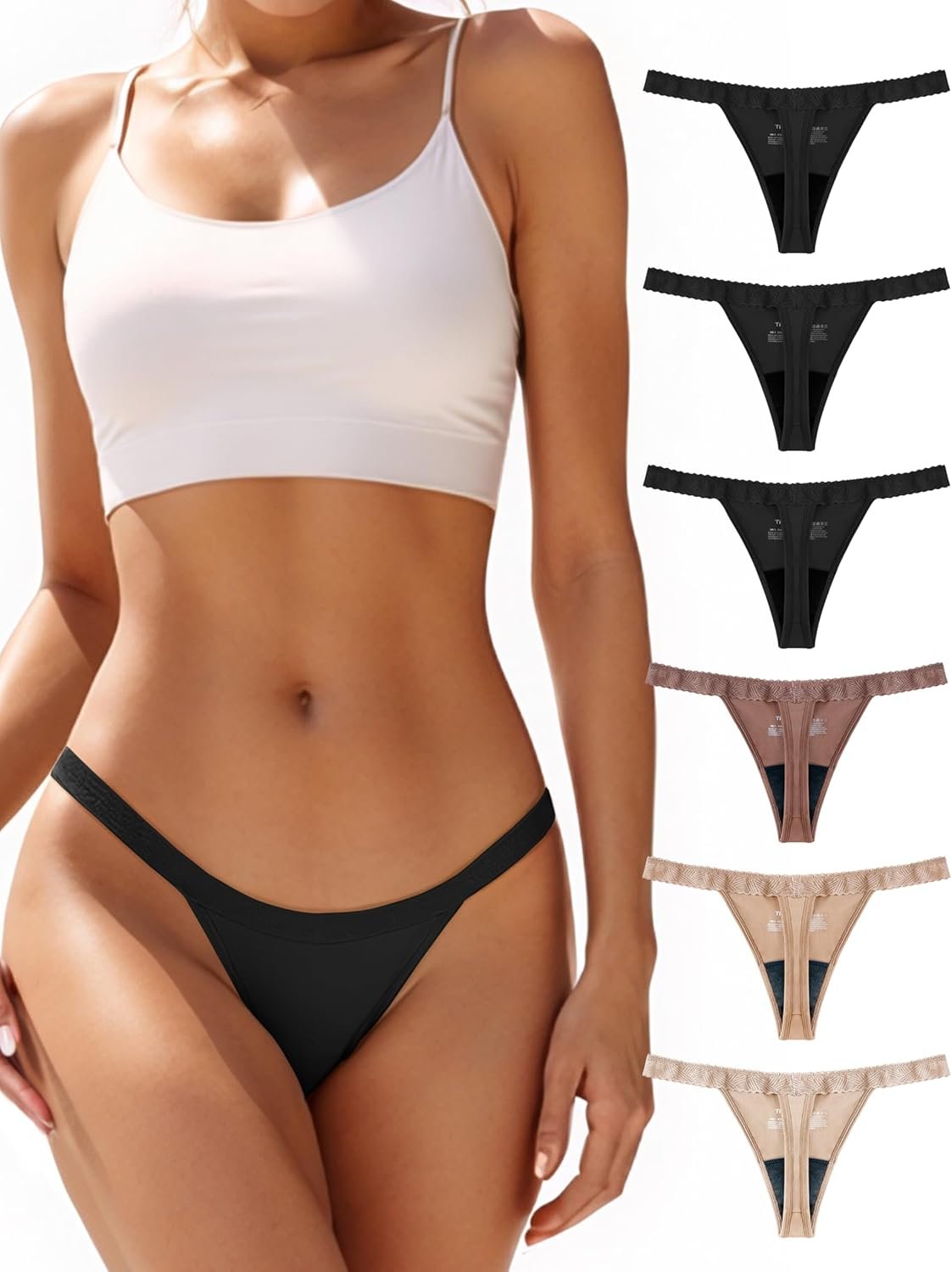 TIICHOO Period Thong Underwear for Women Lace Period Panties Thong Light Absorbency Leakproof Underwear Pack of 6