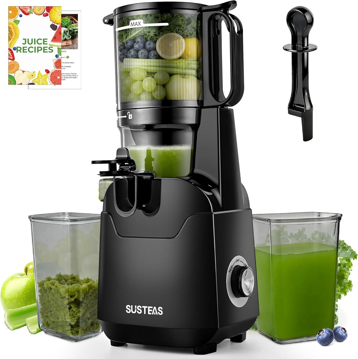 SUSTEAS Juicer Machines with 5.3″ Extra Wide Chute,Cold Press Juicer for Whole Fruits & Vegetables, 64oz Capacity Juice Extractor 250W, Easy to Clean, High Juice Yield, Home Juicer, Premium Black