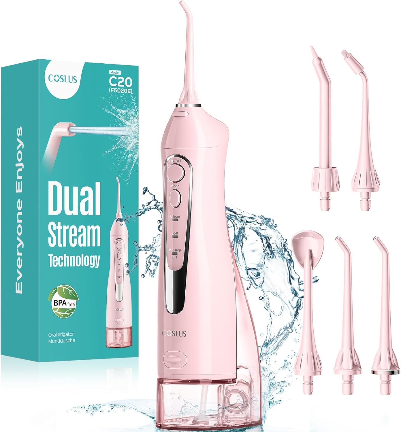 COSLUS Water Dental Flosser Teeth Pick C20: ADA Accepted, Portable Cordless Oral Irrigator 300ML Rechargeable Travel Irrigation Cleaner IPX7 Waterproof Electric Flossing Machine for Teeth, Pink