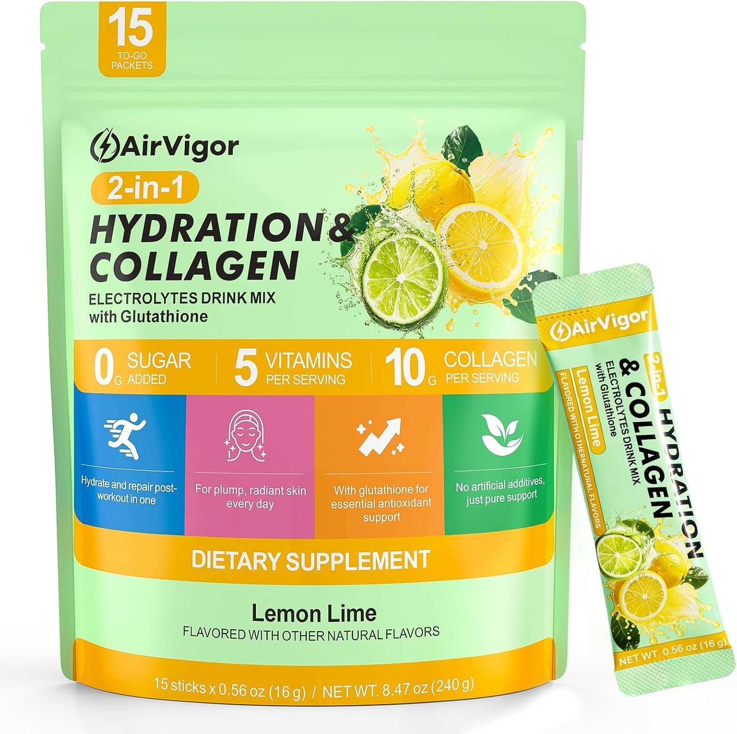 Electrolytes Powder Packets, 10G Collagen Hydration Packets, Sugar Free Daily Electrolyte Hydration Recovery Drink Mix with 5 Vitamins & Glutathione, Joint Skin Muscle Support, Keto, Lemon