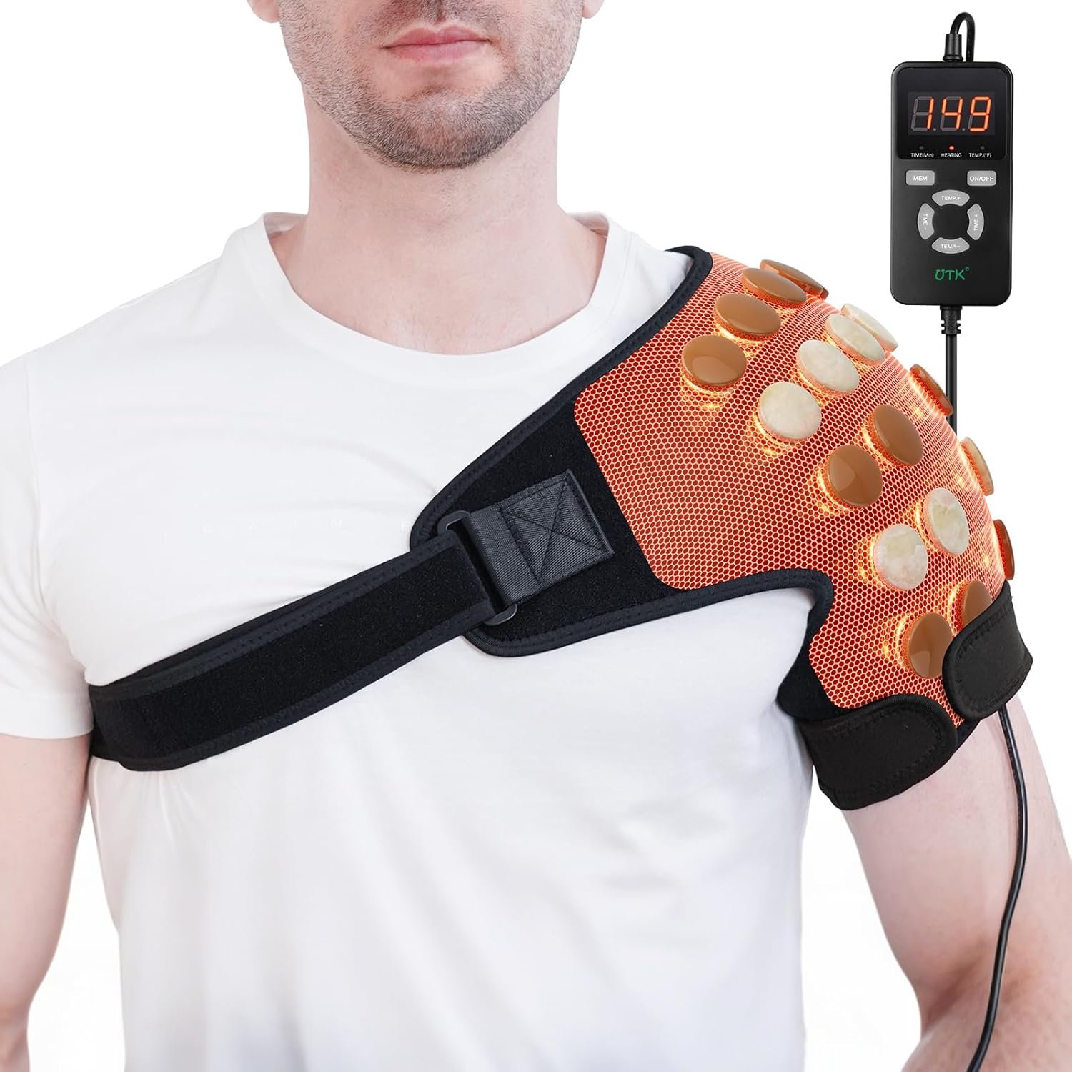 UTK Far Infrared Shoulder Heating Pad, Hot to 159℉, Gift for Men, Heating Pads for Rotator Cuff Pain Relief, 24 Timers, Auto-Off, 24 Natural Jade, 27-52″ Adjustable Size Shoulder Wrap