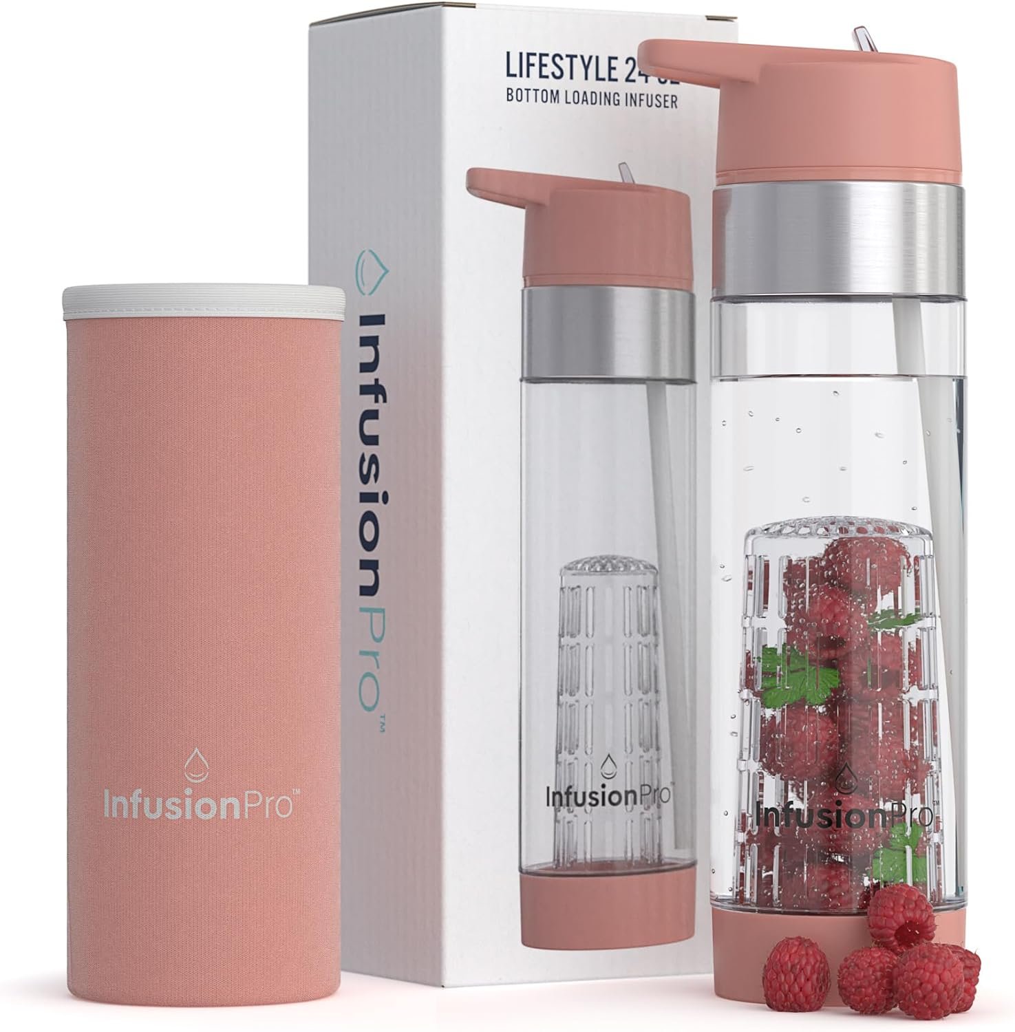 Infusion Pro Fruit Infuser Water Bottle with Straw Lid 24 oz : Flip-Up Straw : Insulated Sleeve & Fruit Infusion Water eBook : Bottom Loading Infuser for More Flavor – Kauai Sunset