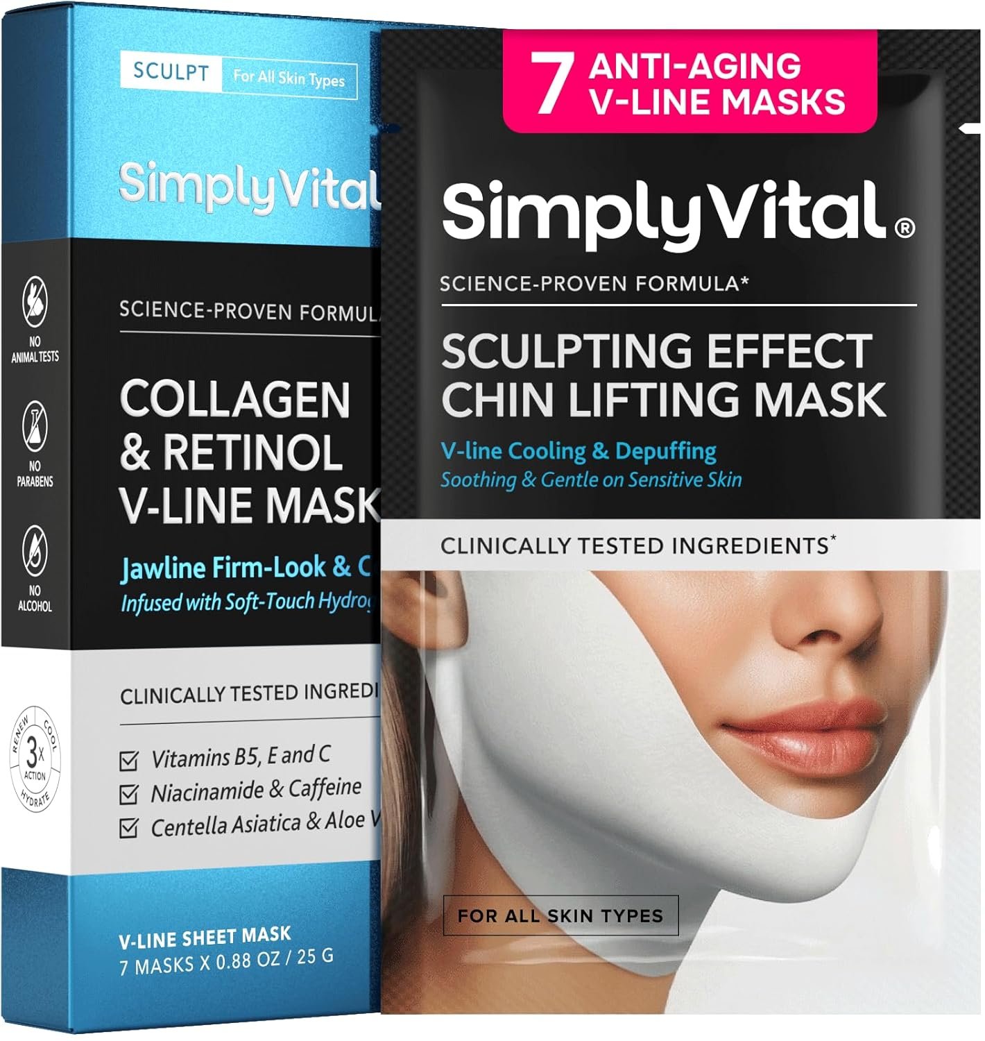 V Line Lifting Mask with Collagen, Retinol & Hyaluronic Acid – Caffeine, Niacinamide Visible Neck Tightening and Chin Lifting Mask for Women – Double Chin Strap for Face & Jawline Shaper – 7 pcs