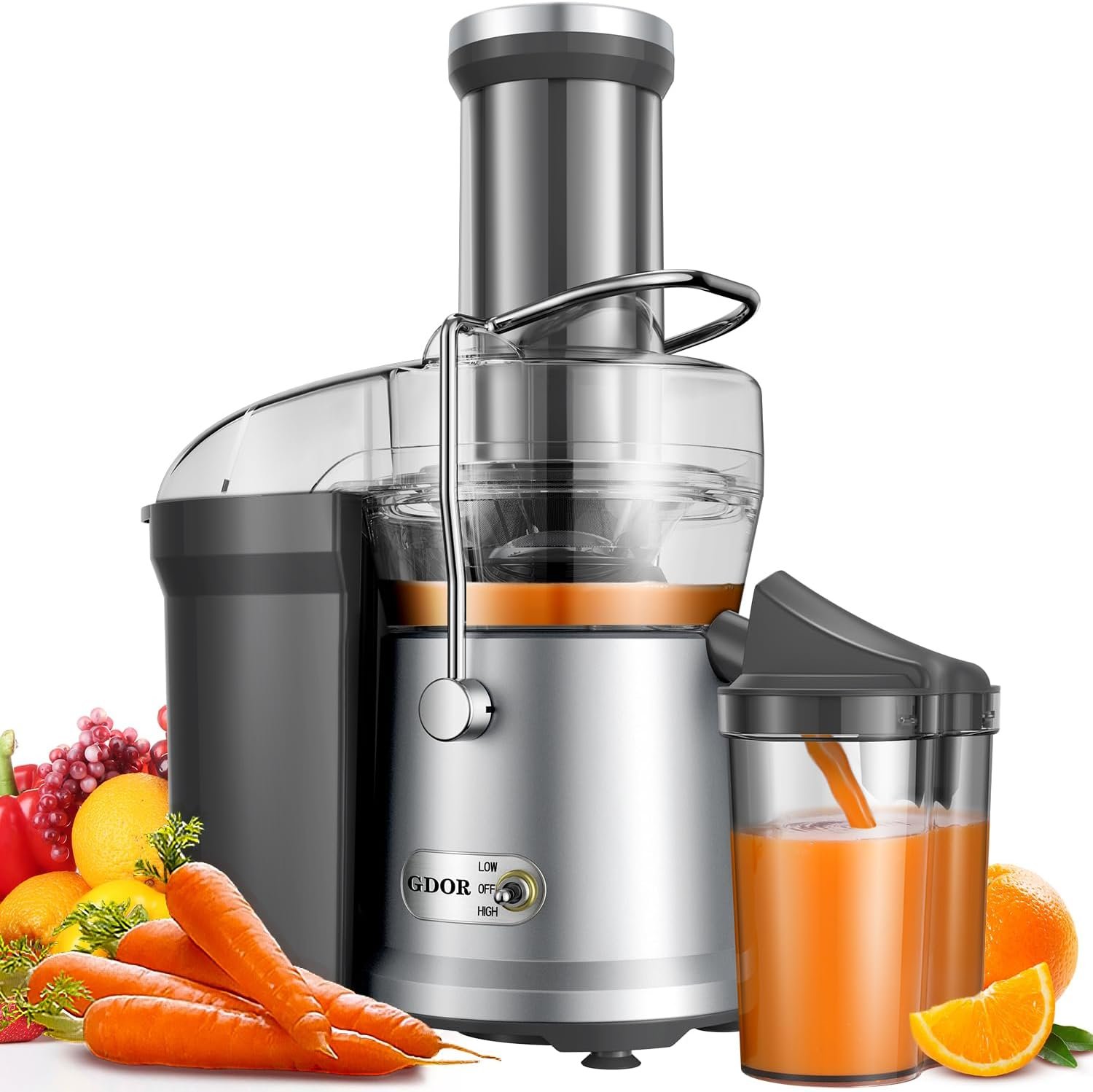 GDOR 1200W Juicer, 3.2″ Wide Chute, Titanium-Enhanced Blade, Heavy-Duty Copper Motor, Dual Speed Centrifugal Juice Extractor, BPA-Free, Silver