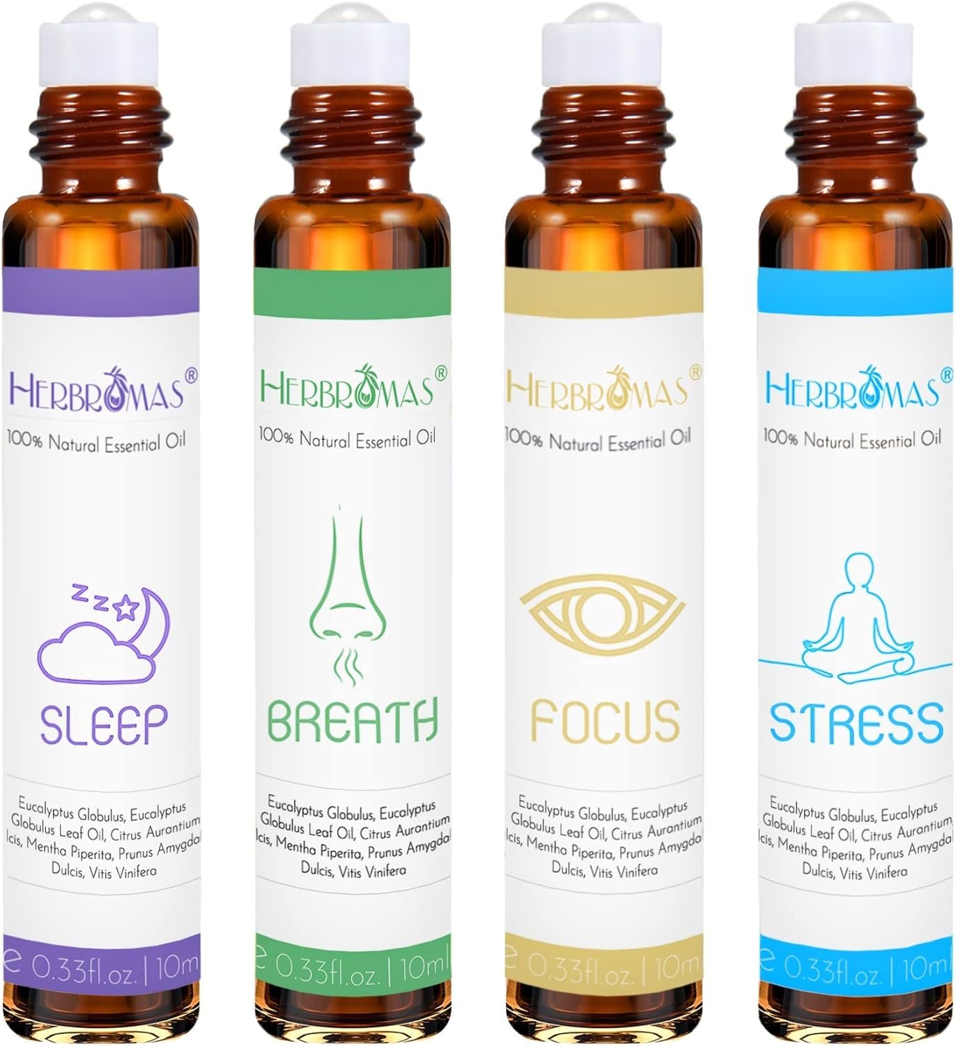 Aromatherapy Oils Roller Set, Natural Pre-diluted Essential Oils Roll On with Glass Rollerball, Relaxation Gift for Women & Men, Christmas Gift, Pack 4 x 0.33fl.oz