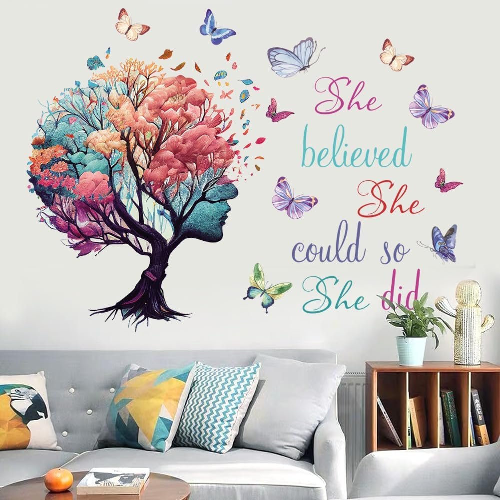 Inspirational Quotes Wall Art – ‘She Believed She Could So She Did’ Tree & Butterfly Decal Stickers for Women & Girls Bedroom & Living Room Decor