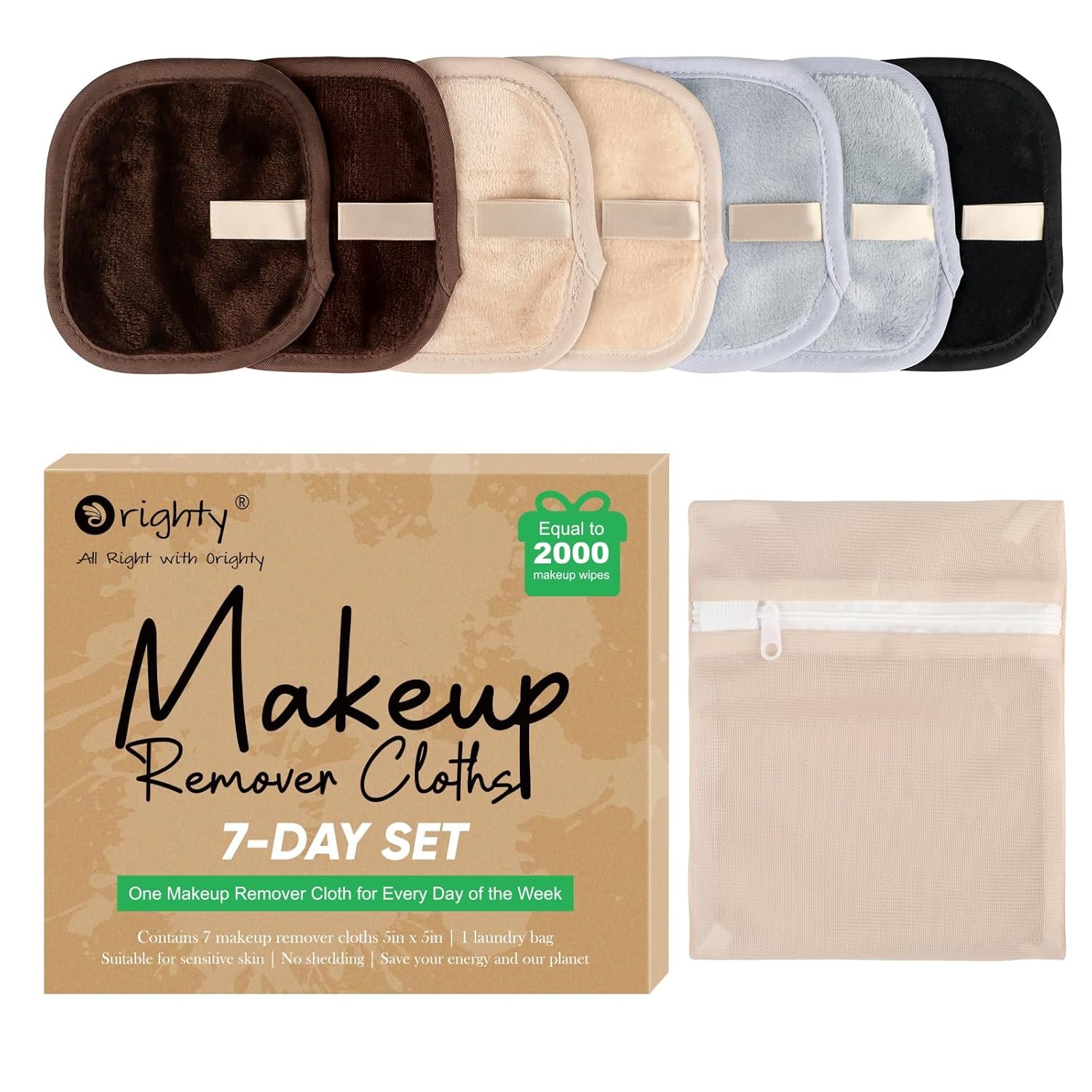 Orighty Makeup Remover Cloths 7-Day Set, Premium & Reusable Makeup Remover Pads, Erase Make-up With Just Water, Make-up Set For Eyes, Lips, Foundation and more, Ideal Choice For Women (Neutrals)