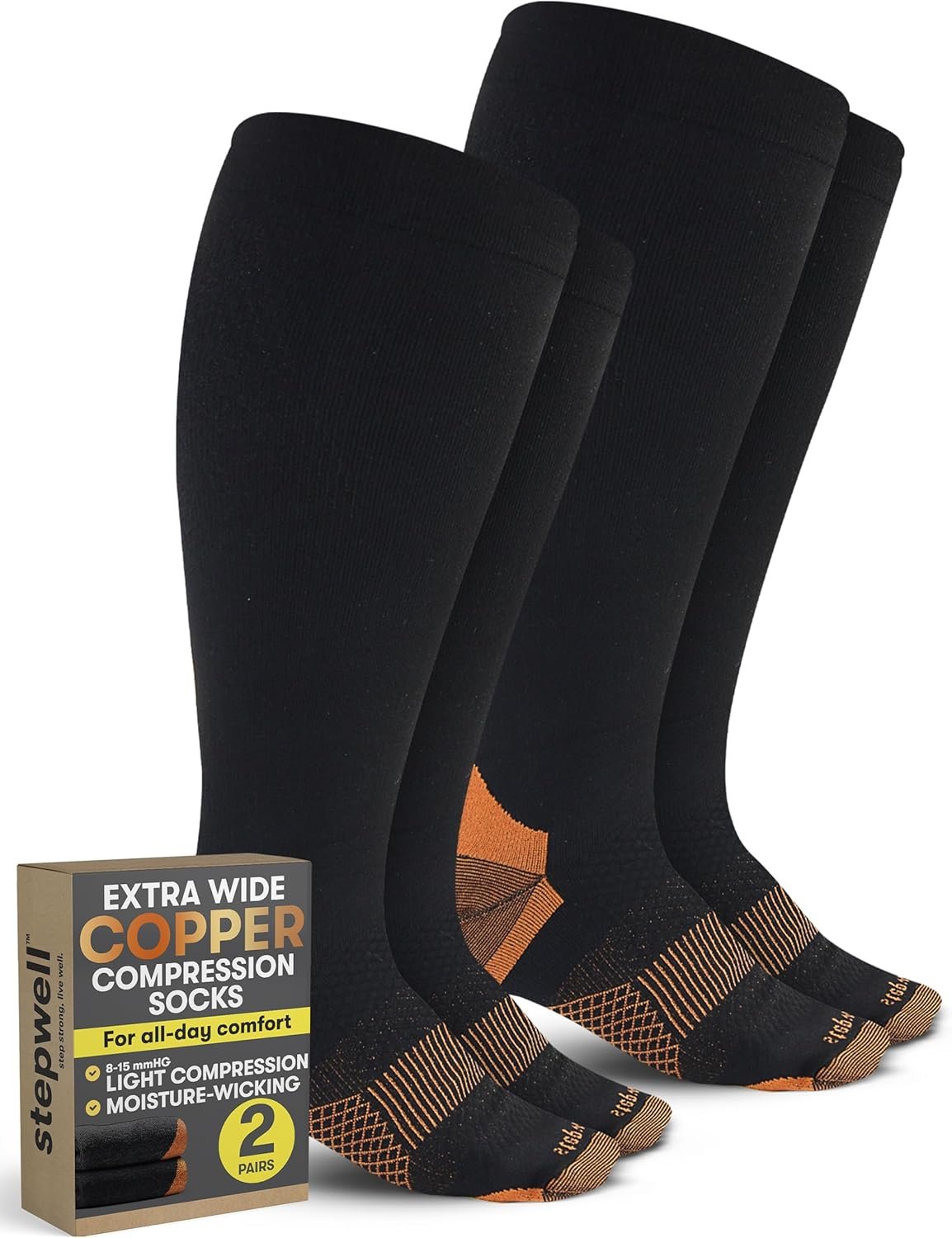 STEPWELL Copper Plus Size Compression Socks Wide Calf – 2 Pairs | Compression Socks for Women Wide Calf | Circulation Support