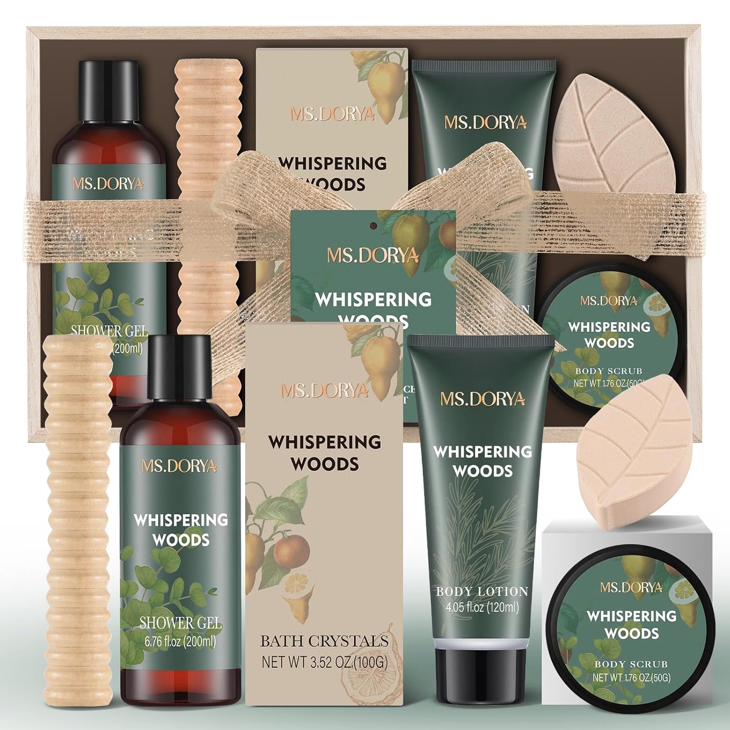 Birthday Spa Gift Set for Her – 6Pcs Bath and Body Kit with Shower Gel, Body Lotion, Bath Salt, Scrub, Massage Stick – Whispering Woods Spa Basket for Women Mom Wife Girlfriend