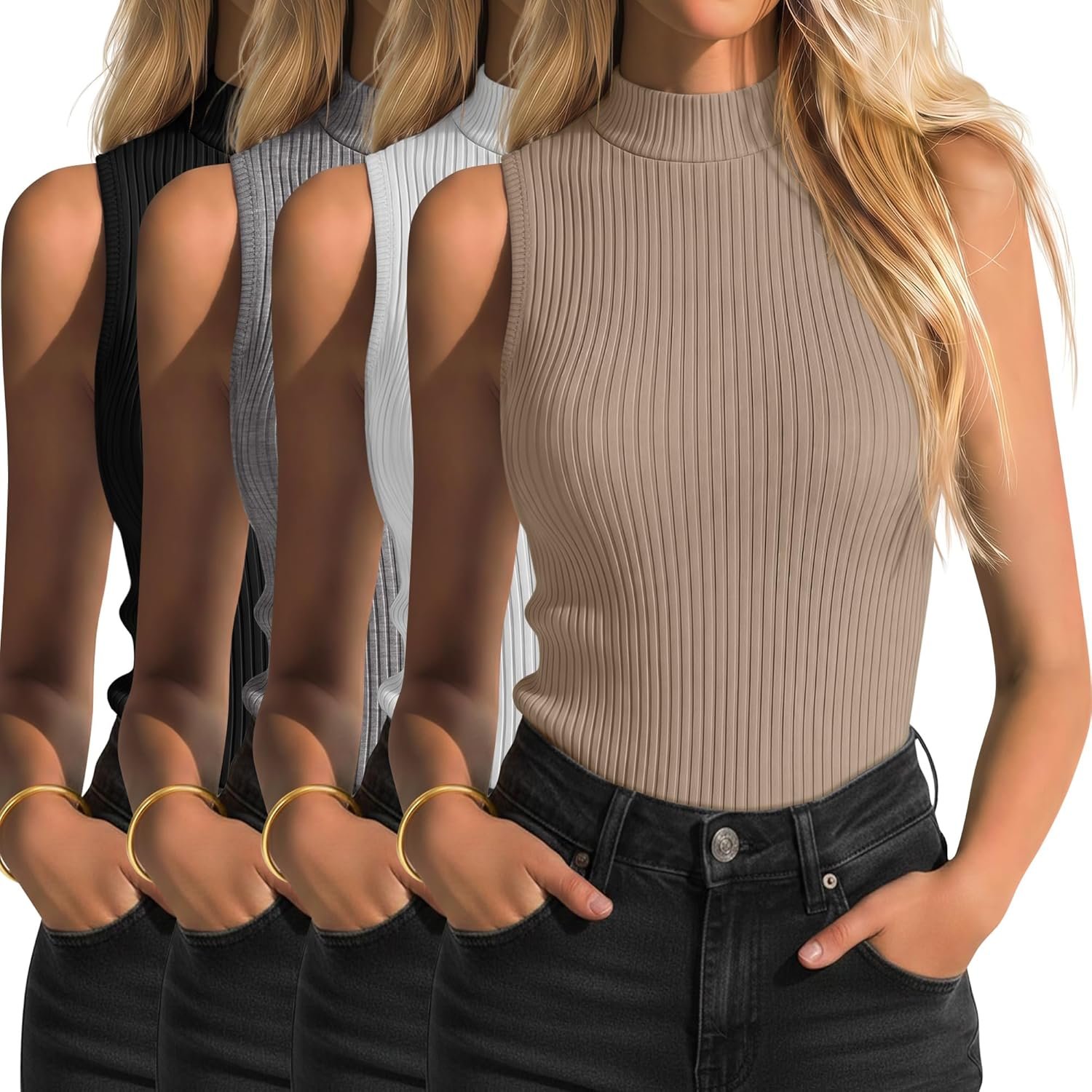 4 Pack Women’s Sleeveless Mock Turtleneck Shirts Ribbed Knit Tank Tops Slim Fit Tshirts Casual Basic Business Tees