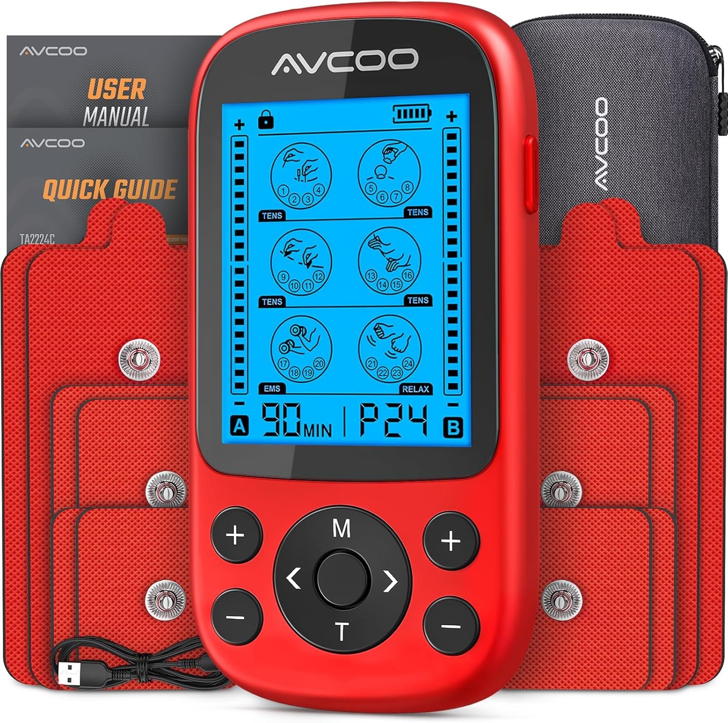 AVCOO 3-in-1 TENS Unit Muscle Stimulator, EMS Massager Machine with 24 Modes & 40 Levels for Shoulder, Back, Neck, Sciatica Pain Relief, Portable-Size Electronic Pulse Massager with 12 Pads, EVA Case