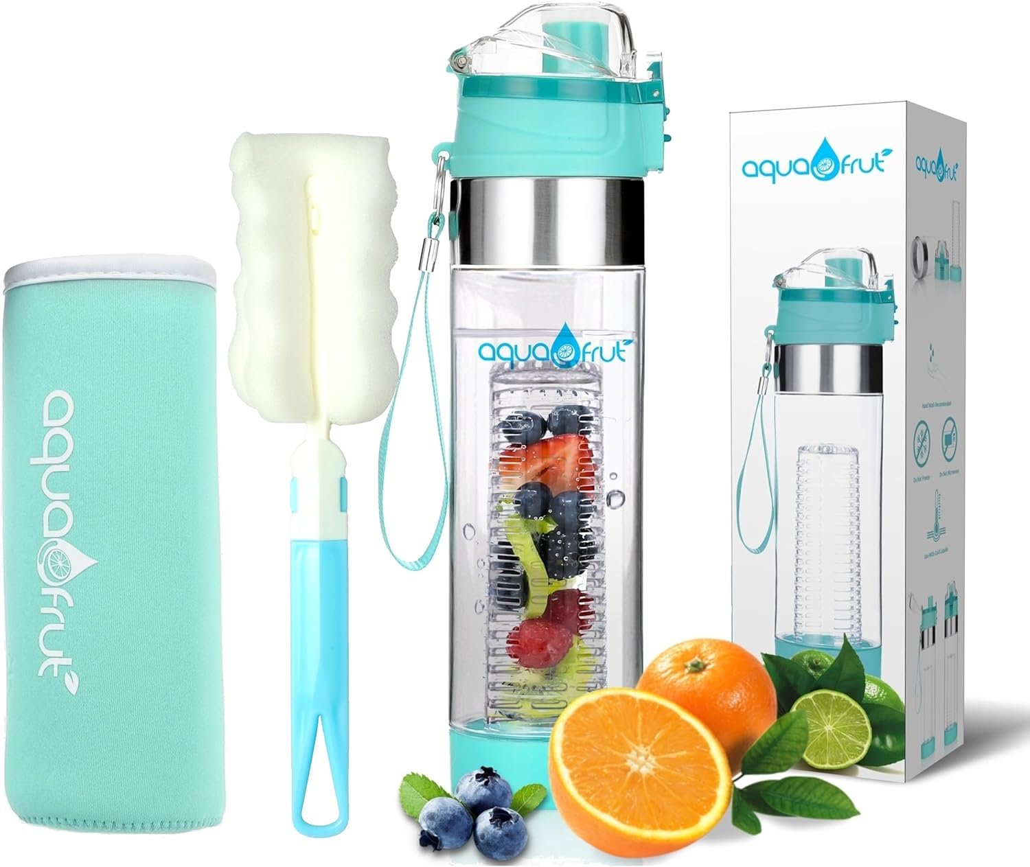 NEW AquaFrut Bottom Loading Fruit Infuser Water Bottle Complete Bundle Includes Bottle Brush, Insulating Sleeve & Infusion Recipe eBook. Leak Proof Sweat Proof BPA-Free (Teal)