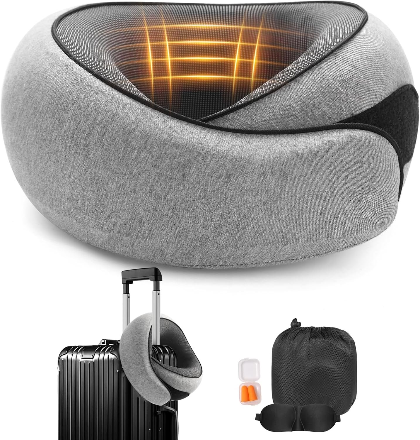 Travel Neck Pillow, Memory Foam Neck Support for Airplane, Car & Office, Breathable Portable Design with Eye Mask, Earplug Holder & Carry Bag, for Men&Women