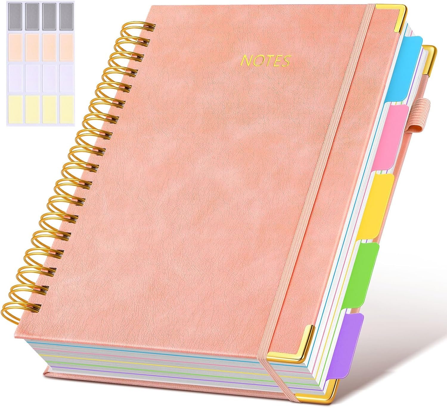 Hardcover Spiral Notebook Journal with Removable Dividers Tabs, 300 Pages Leather 5 Subject Notebook College Ruled, 8″x10″ Large B5 Notebooks for Work School Note taking, Lined Journal for Women, Pink