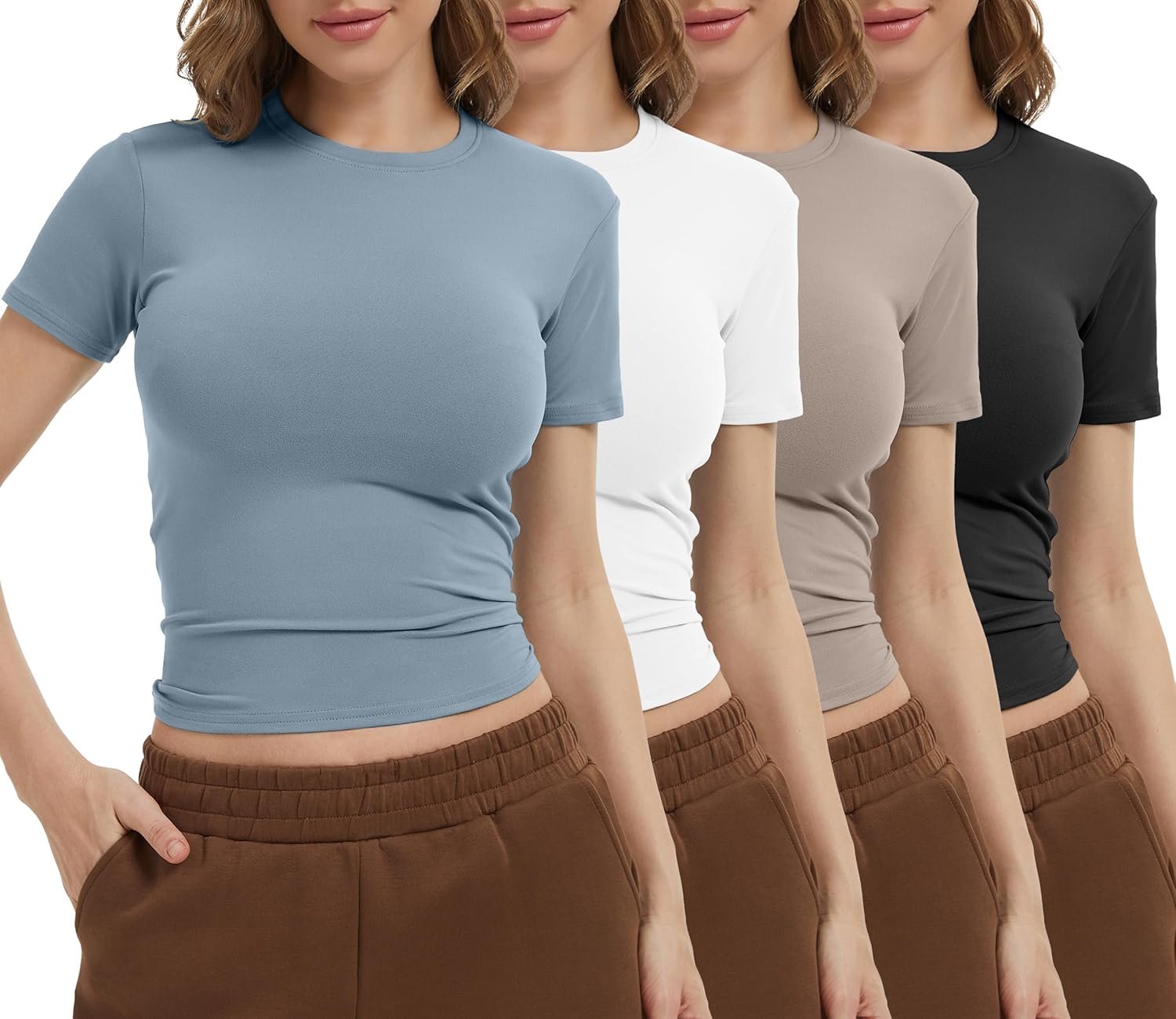 Dalavch 4 Pack Women’s Workout Shirts Compression Short Sleeve Crew Neck Running Yoga Gym Athletic Fitted Crop T-Shirts Top