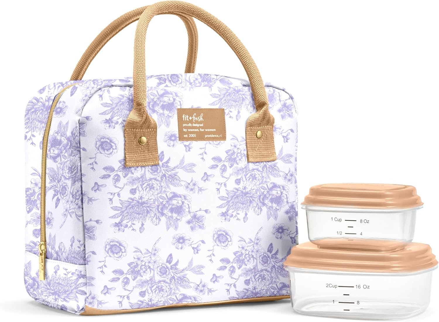 Fit & Fresh Bloomington Lunch Bag for Women – Insulated Large Lunch Box for Work with Containers, Leak-Resistant, Stain-Resistant, Zipper Closure, Lavender Toile
