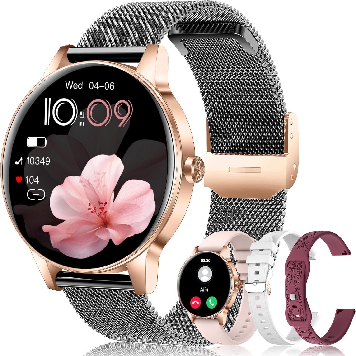 Smart Watch for Women, 1.27” TFT Fitness Watch With Bluetooth Answer/Make Call,Heart Rate/SpO2/Sleep Monitor/Menstrual Cycle/120+ Sports Fitness Tracker for iPhone Android iOS(4 Straps,Black Gold)